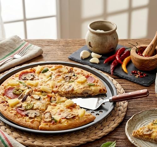 Foto von Space Home LS Kitchen - Pizzablech - Antihaft-Pizza-Backblech mit Löchern - Karbonstahl - Backblech Rund, Knusperblech - Pizzaform Rund - Pizza Pfanne, Tray - 29 cm - Set von 2