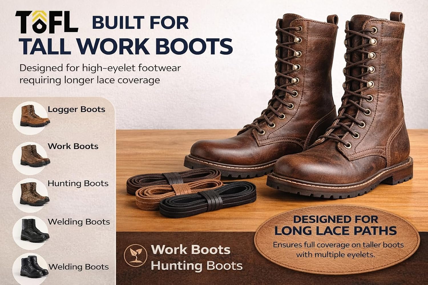 TOFL 108” Leather Boot Laces | Genuine North American Cowhide | Flat 9/64" Thick, Durable for Work & Hiking Boots