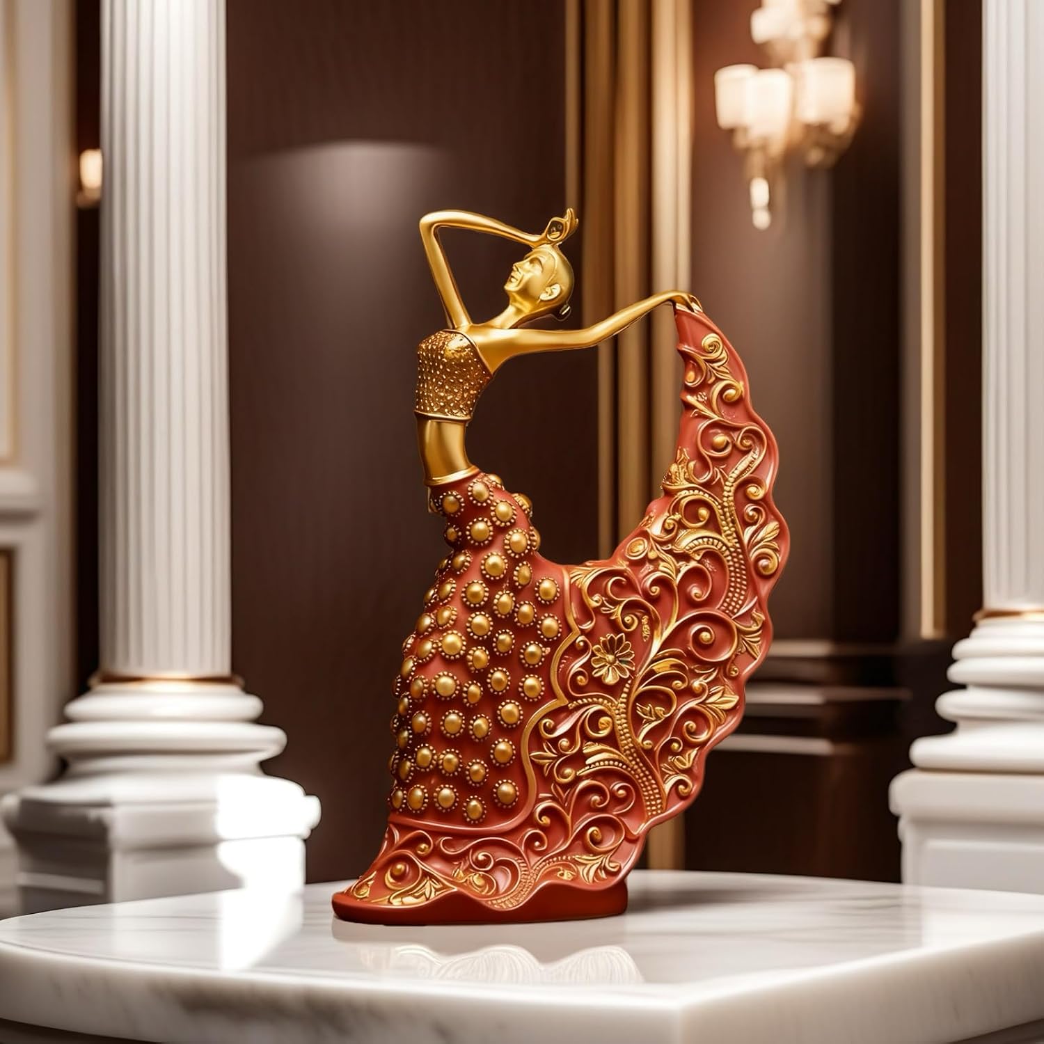 XINDAM Elegant Peacock Art Figurine Dancer Statue Decorative Home & Office Figurines Home Office Display Craft Living Room Decor Ornaments for Tabletop Red and Gold