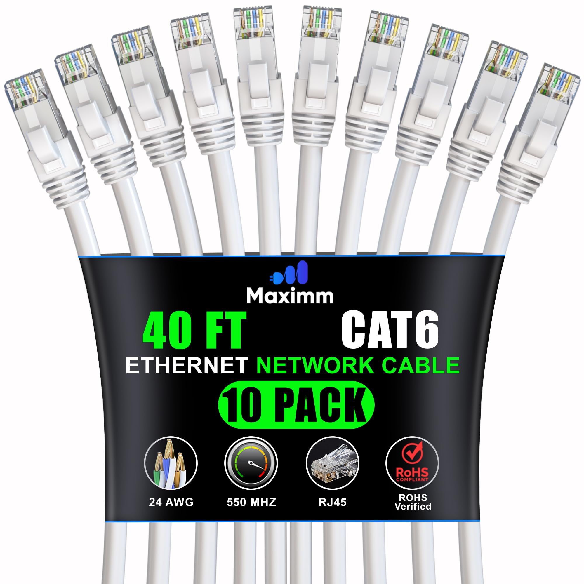 Maximm Cat 6 Ethernet Cable 40 ft (10-Pack) - High-Speed LAN Cable, Internet Cable, Patch Cable, and Network Cable - UTP, 10Gbps, 550MHz Ethernet Cord