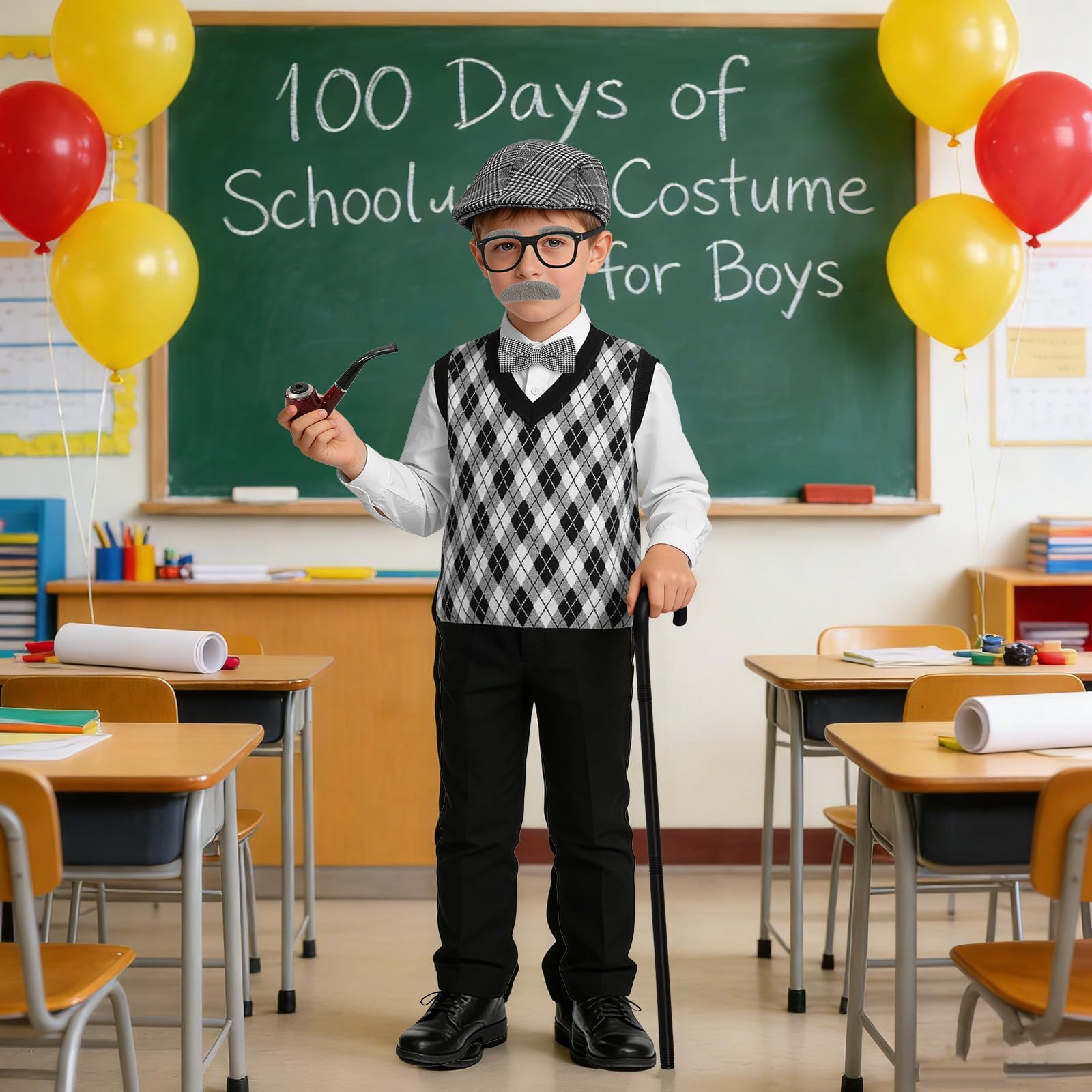 Disfraz de anciano para niños, 8 piezas, disfraz de abuelo de los 100 días de escuela de los años 20, sombrero, chaleco, bastón de corbata, disfraz divertido para Halloween, Día Mundial del Libro