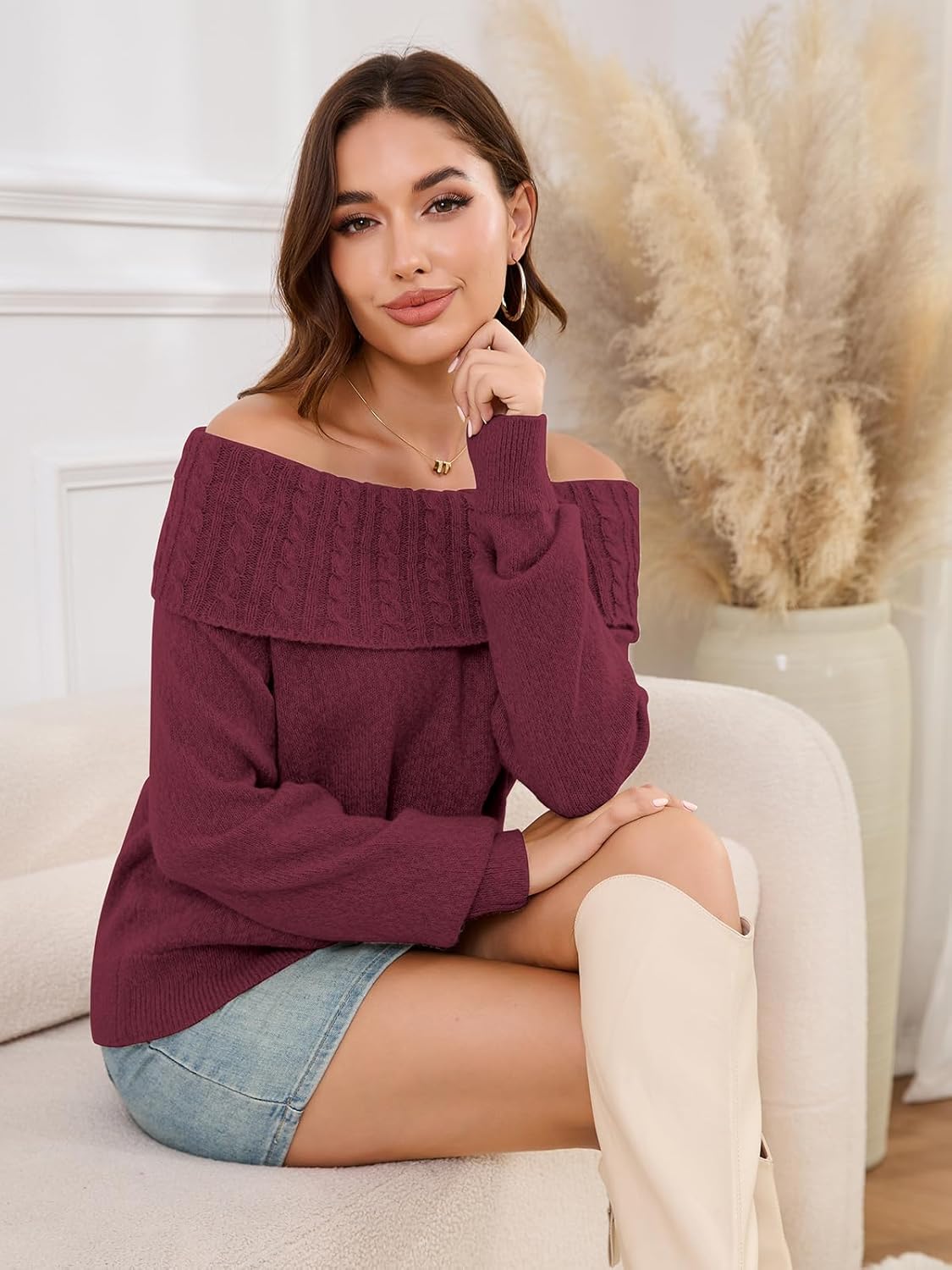 Womens Off The Shoulder Sweater Batwing Sleeve Loose Knit Pullover Sweaters Jumper Tops Fall Winter Clothes - Image 7