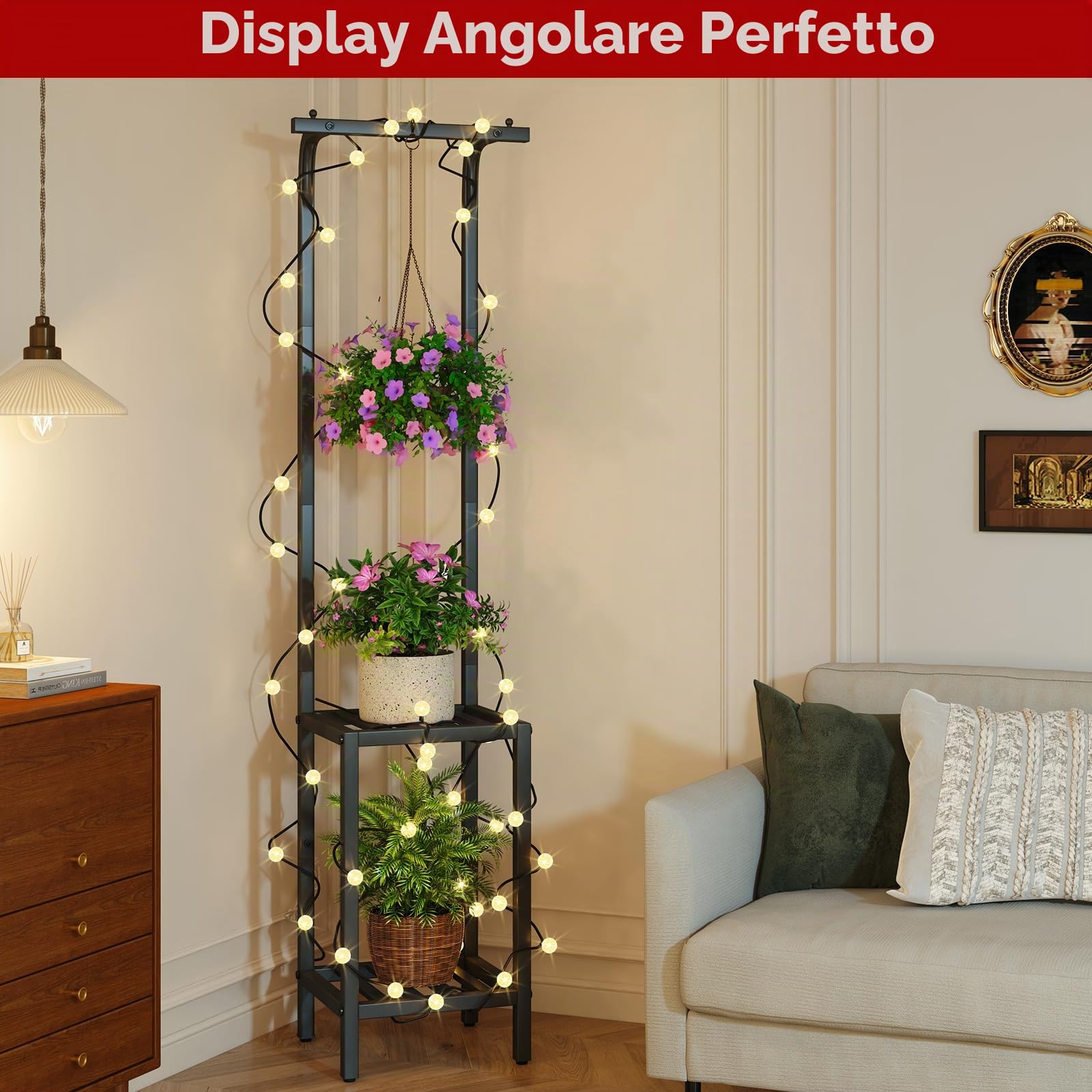 IBUYKE 170cm Alto Supporto per Piante per Interno Esterno, 3 Livelli Supporto per Fiori in Metallo Sospeso, Scaffale per Piante Porta per Fiori per Soggiorno Balcone Giardino, Nero TMJ076B