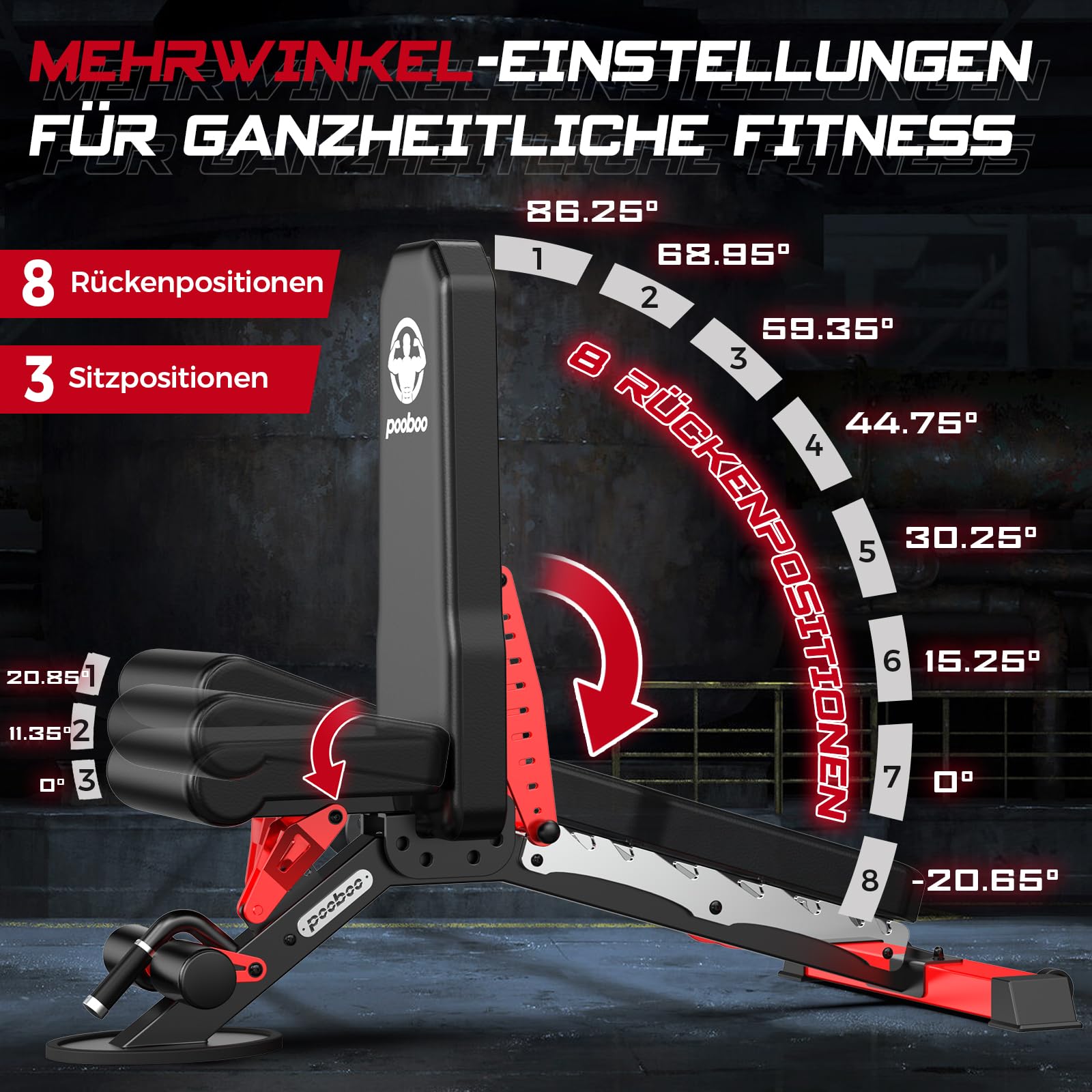 Pooboo Hantelbank, verstellbare Trainingsbank für zu Hause, 1500 lbs Tragkraft, strapazierfähige Krafttrainingsbank, flache/geneigte/abfallende Positionen für ein Ganzkörpertraining