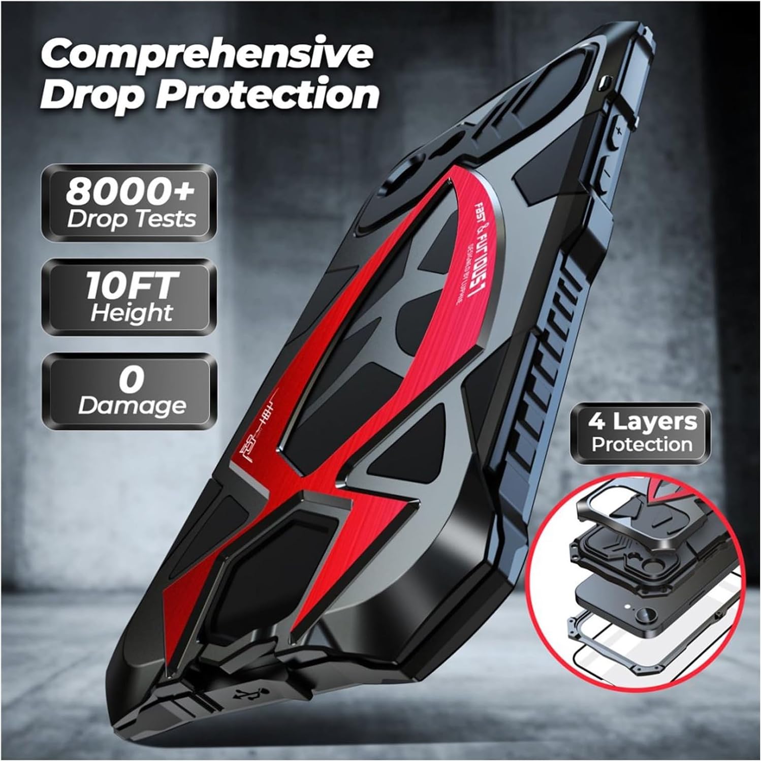 Shockproof Case for iPhone 16e, Military Grade Drop Protection Aluminum Alloy Silicone Heavy Duty Dustproof Full Body Cover with Built-in Screen Protector(Red)