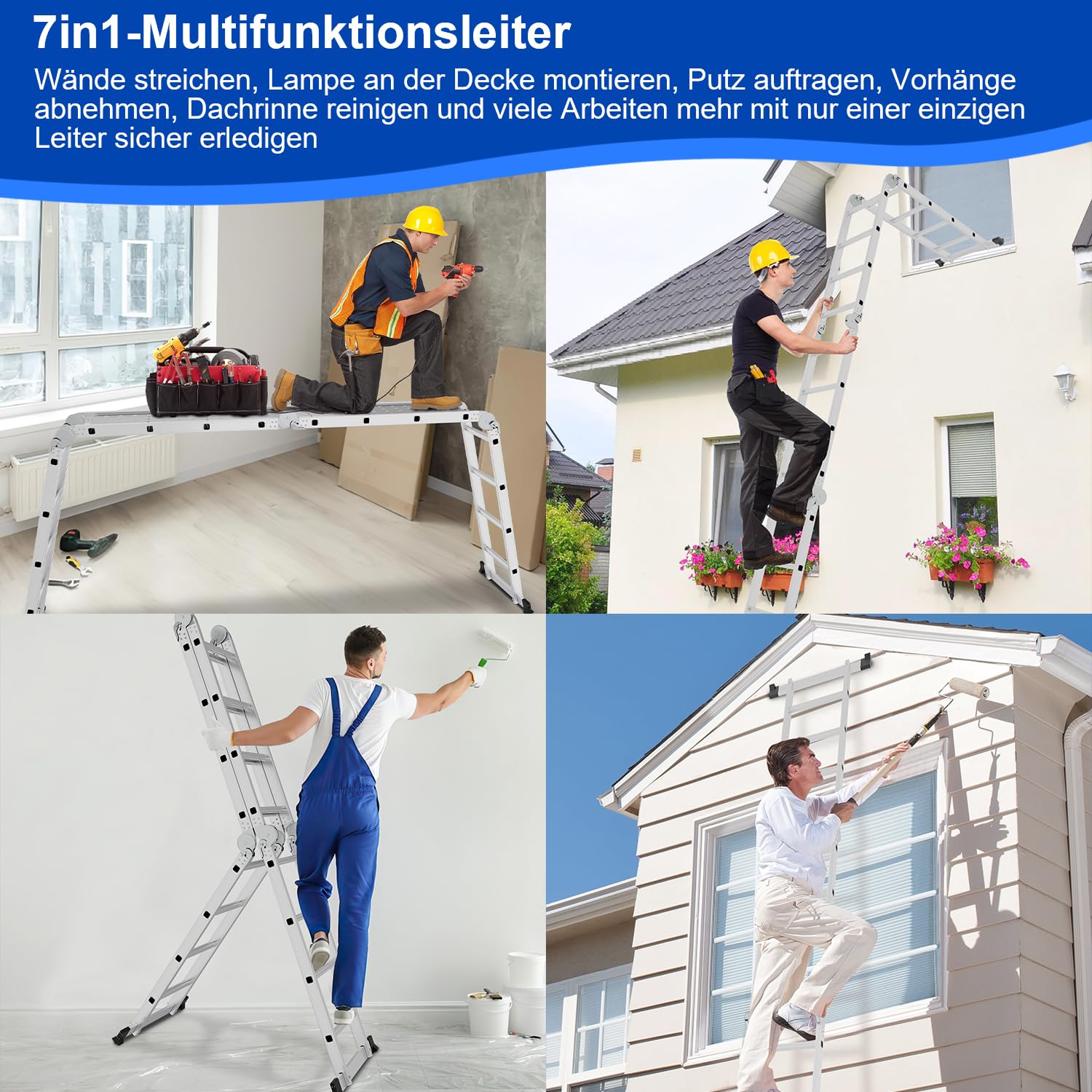 Escalera multiusos de 4 x 4 peldaños, 4,7 m, de aluminio, con 2 placas de andamio y 2 ruedas, escalera plegable para el hogar, 16 peldaños, carga máxima de 150 kg