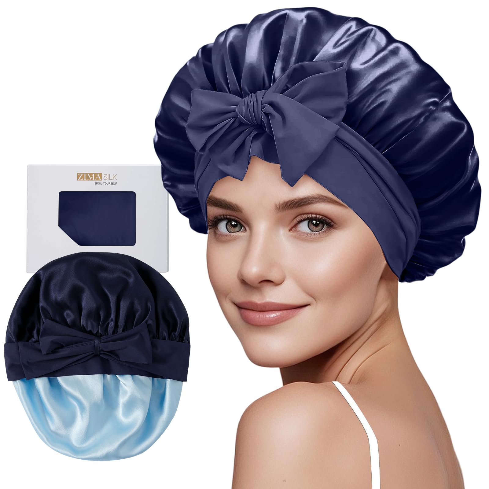 ZIMASILK Cuffia in 100% seta di gelso per donne che dormono capelli lunghi a doppio strato di seta avvolgente con fascia per legare la testa
