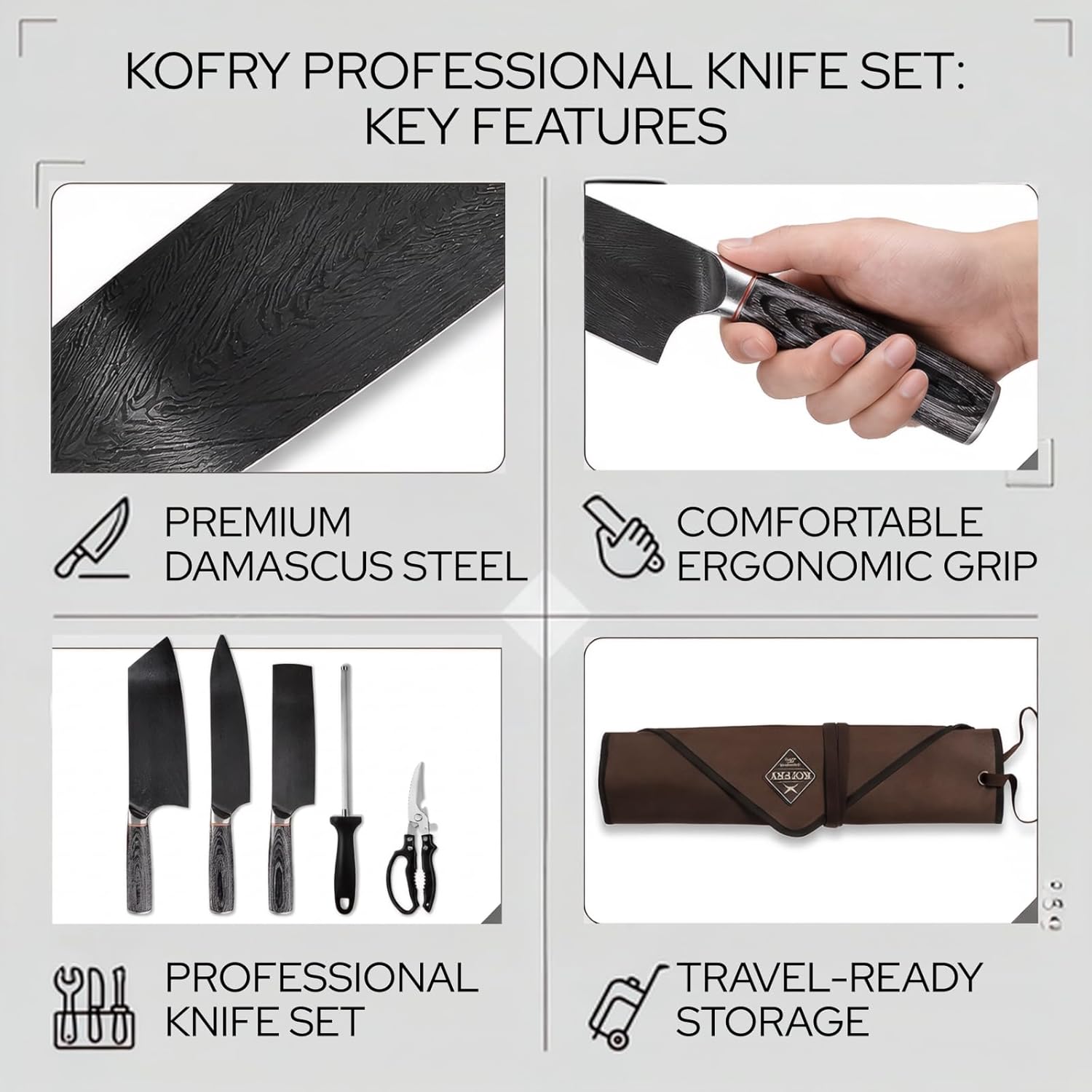 KOFERY Hand Forged Damascus Chef Knife Set with Roll Bag and Sharpener - Ideal for Culinary, Camping and BBQ(Iron-Grey Handle)