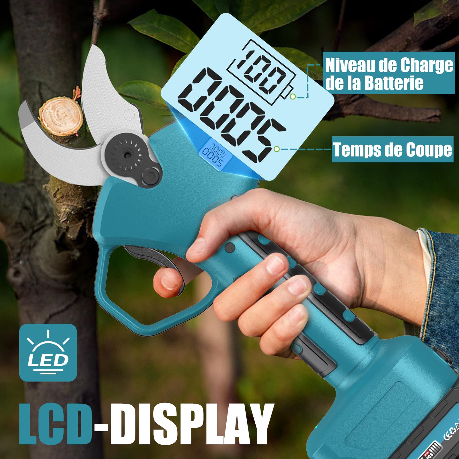 Sécateur Électrique Sans Fil, 40mm Secateur Electrique Professionnel avec 21V/2X2000mAh Batterie et Moteur Sans Balais Ciseaux de Jardinage Professionnel, LCD Display Bildschirm