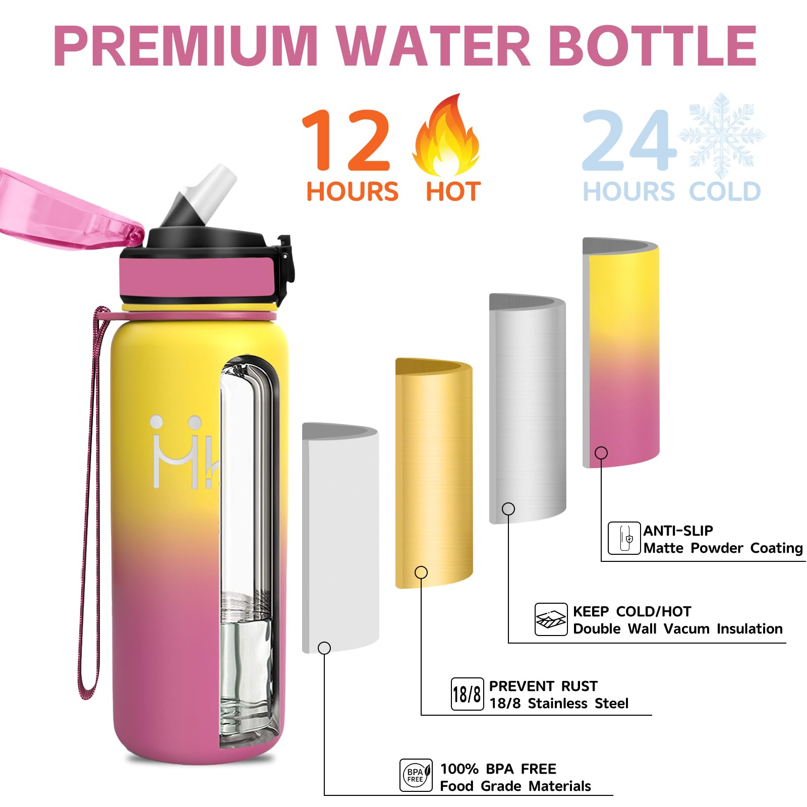 Borraccia Termica, Borraccia 750 ml, Senza BPA, Borraccie con Cannuccia, Senza Perdite, Bottiglia Termica, Acciaio Inossidabile 18/8, Borracce per Campeggio, Scuola, Ufficio, Viaggio