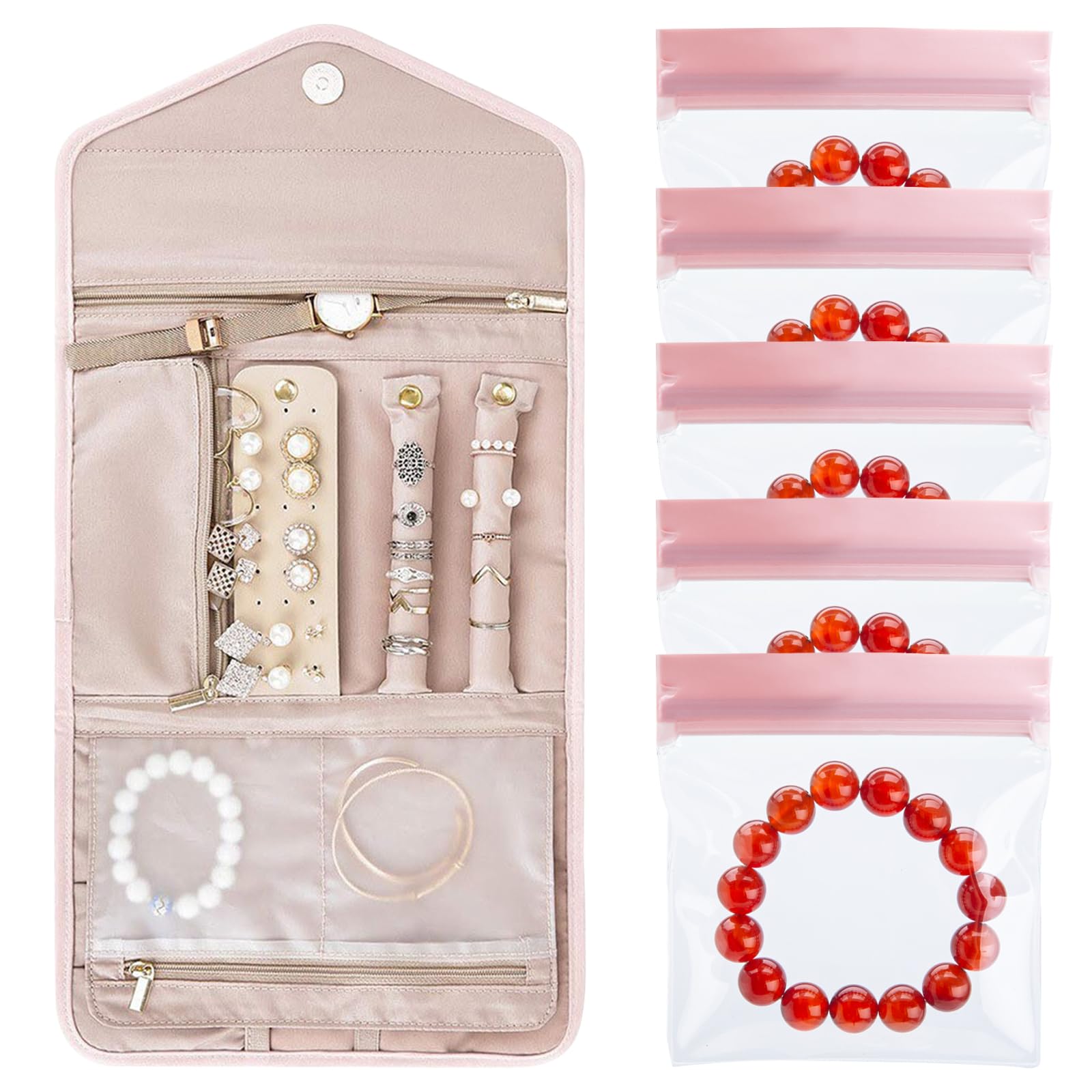 6 piezas Organizador de Joyas, Bolsa de Rollo de Joyería, Bolsa de Almacenamiento de Joyas, con Diseño de Espacio Múltiple, para Collares, Pulseras, Pendientes, Anillos