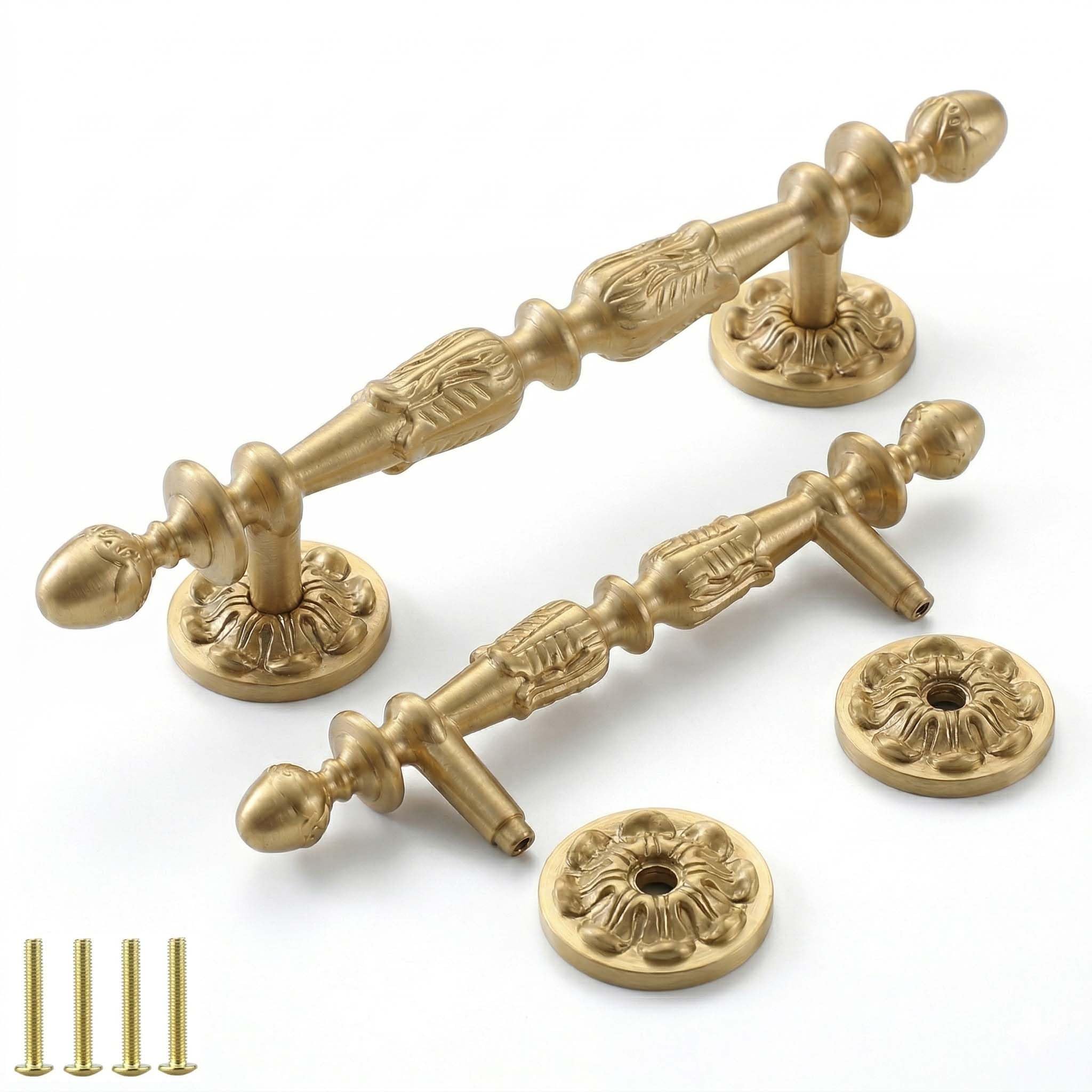 PIYYQNY 2 Pack Solid Brass Cabinet Pulls, Vintage Carved Gold Drawer Handles, Heavy Duty Cupboard Door Handles for Kitchen Wardrobe Furniture, Home Decorating Pulls, Hole Centres 3.4in/86mm