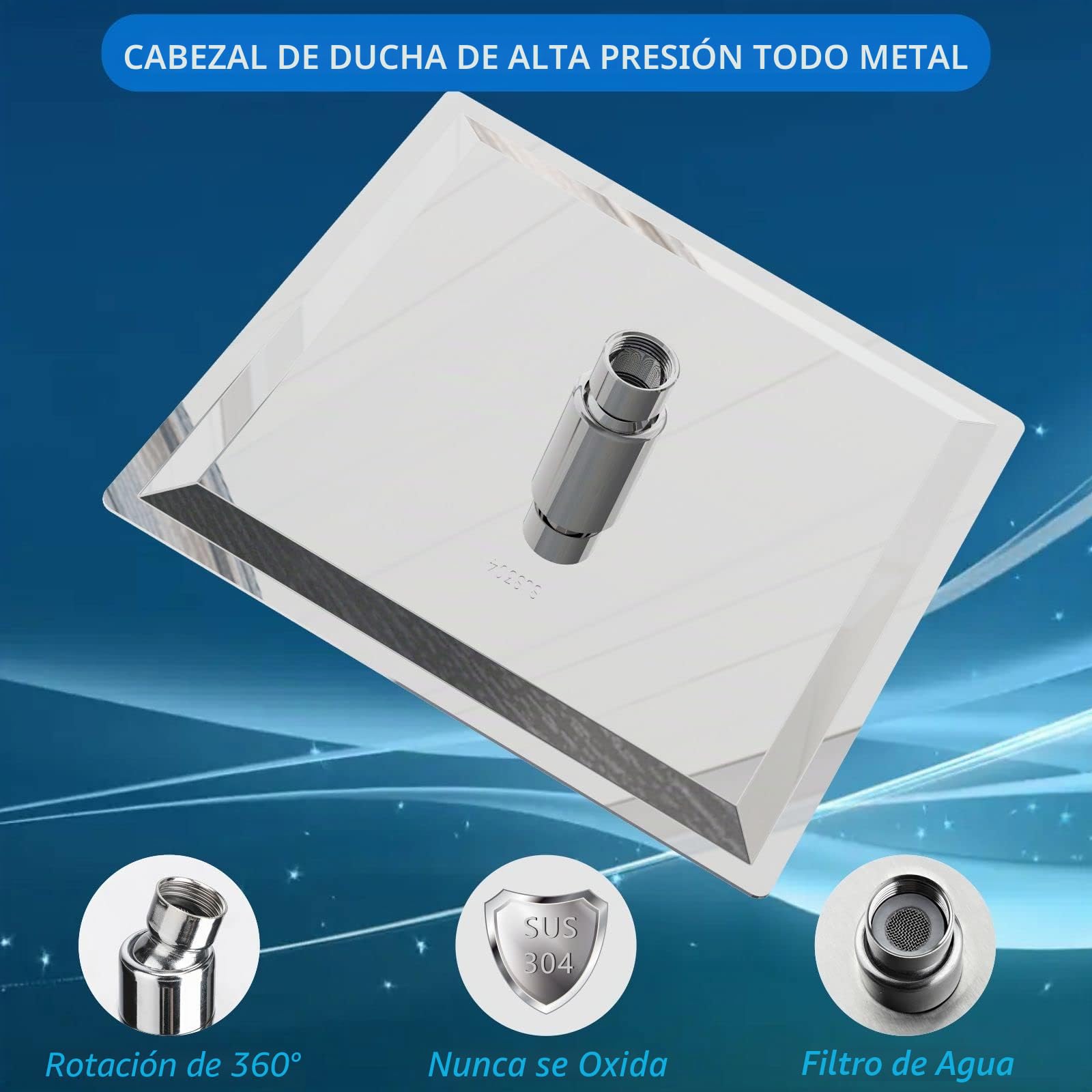 Cabezal de Ducha Lluvia de 20cm, Voolan Cabezal de Ducha Cuadrado de Alta Presión de Acero Inoxidable 304 Ducha Cómoda a Baja Presión de Agua Instalación en Pared o Techo (Cromo)