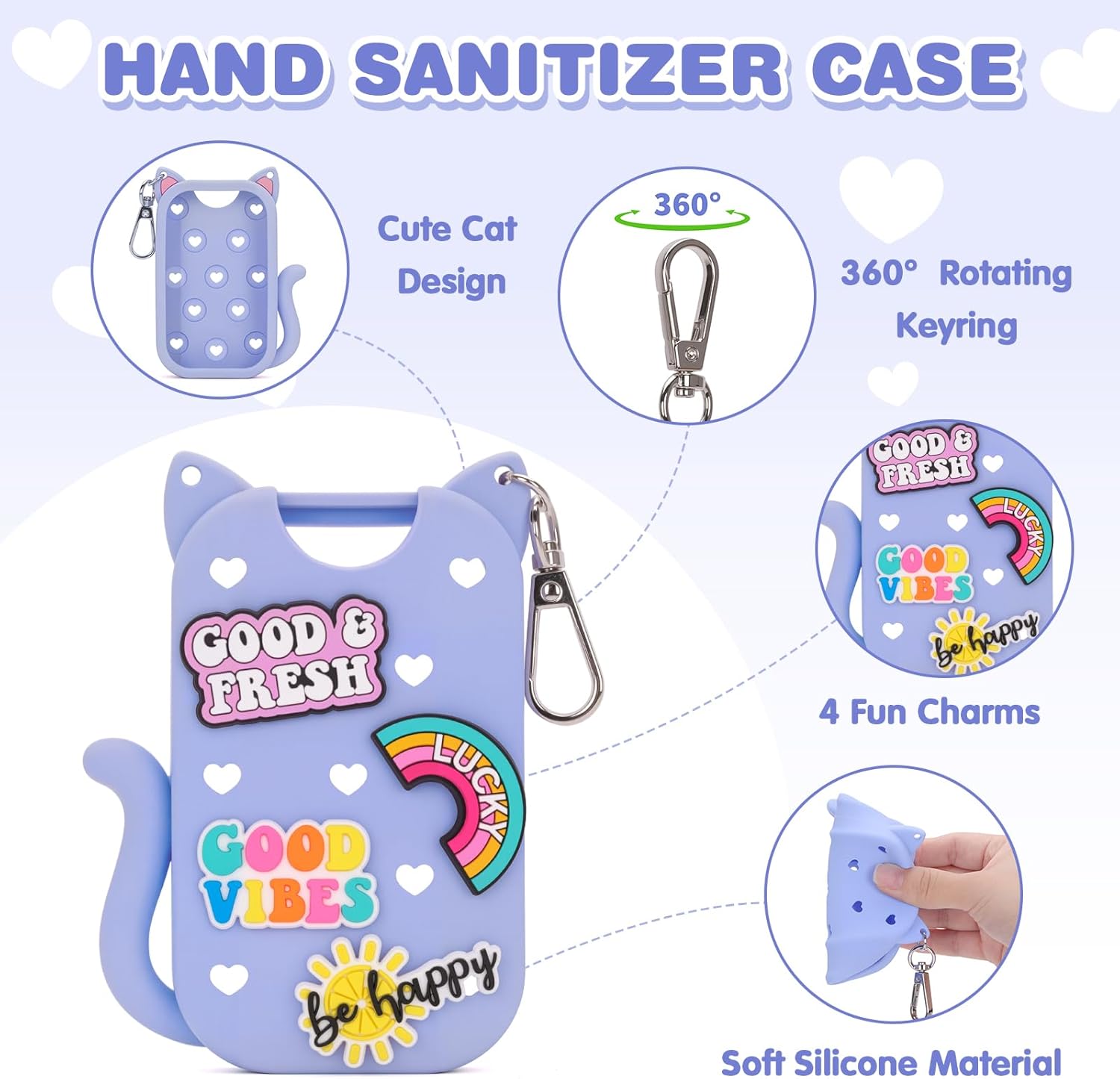 Silicone Case Holder Compatible with Hand Sanitizer Spray Touchland 1 fl oz, Cute Cat Ear Protective Case with Keychain & 4 Decorative Charms (Blue, 1P) - Image 3