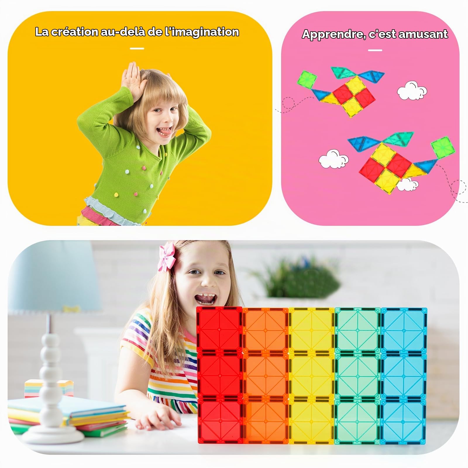 Gemmicc Tuiles Magnétiques de Construction, Jeux Magnétiques pour Enfants, Jeux Éducatifs Certifiés STEM, Puzzles Magnétiques 3D à Emboîter pour Filles et Garçons, Set Classique de 63 Pièces