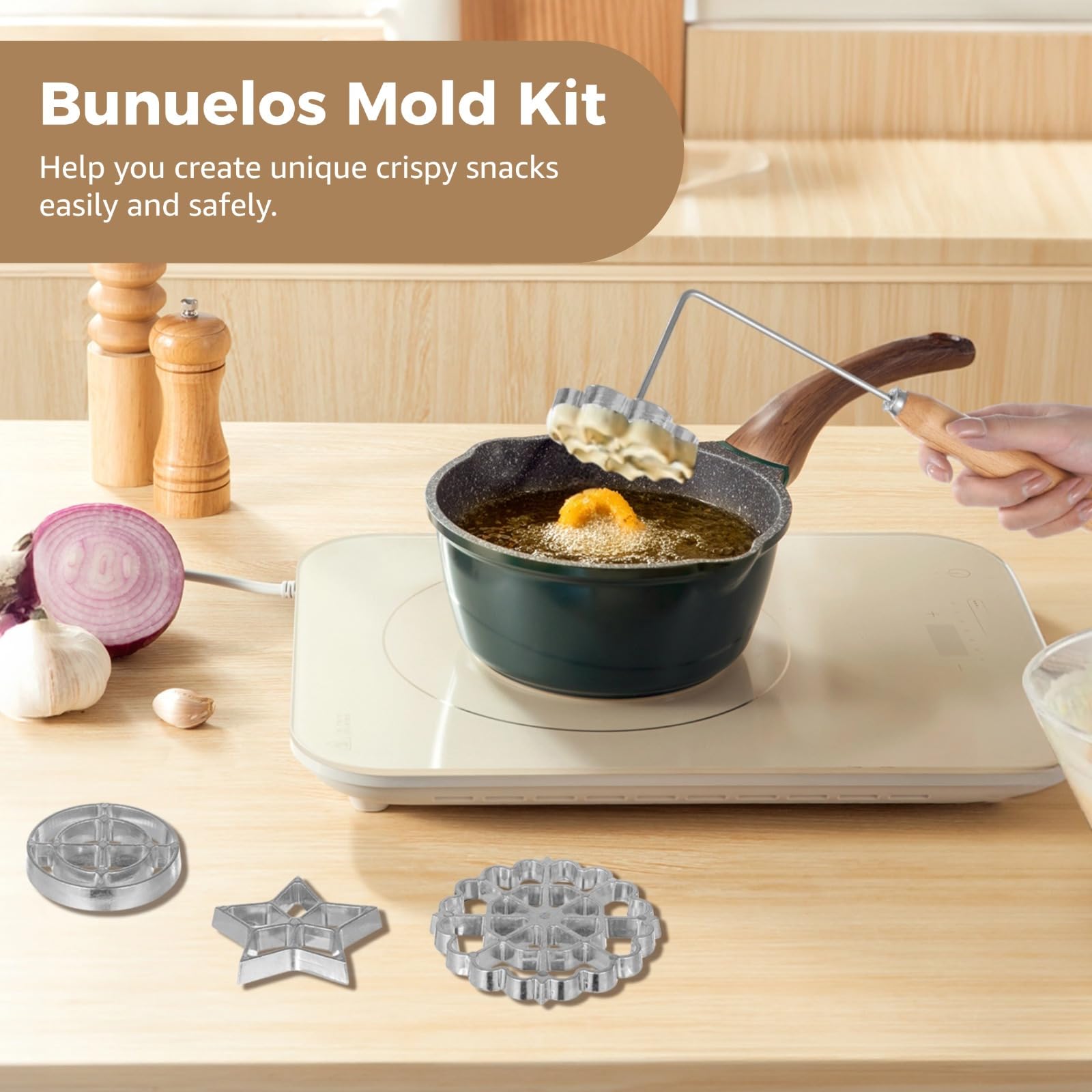 6-teiliges Rosetteneisen-Set, inklusive 4 Waffelformen und Holzgriffen, DIY-Kuchenformen-Set für die Küche
