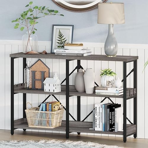 BON AUGURE Mesa consola industrial para sofá detrás del sofá, mesa de entrada de metal de madera con estantes, mesas estrechas de 3 niveles para