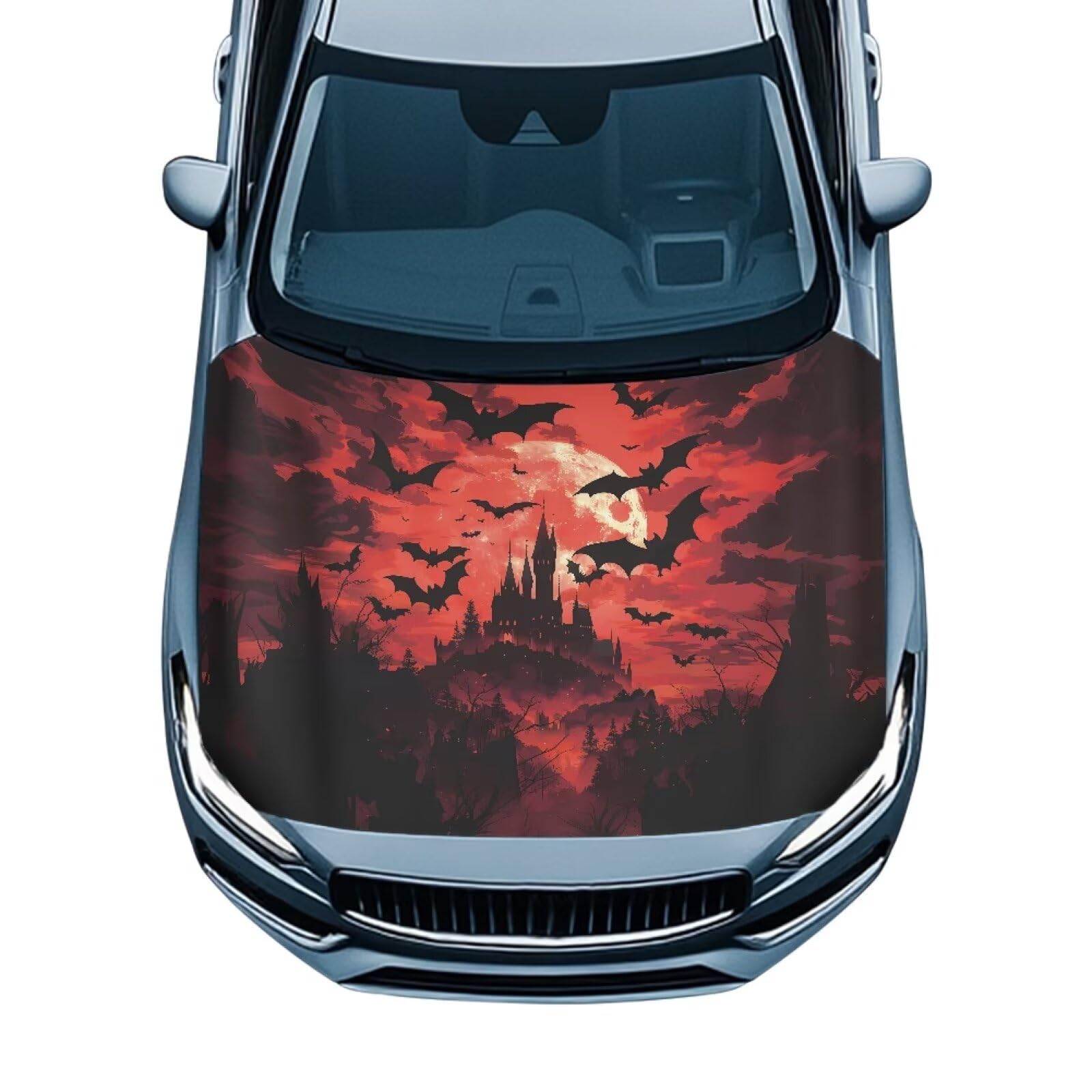 Bat Print Car Hood Cover All Weather Protection Auto Exterior Accessories Halloween Decor Universal Fit Hood Covers for Cars, Trucks, SUV, or Van Full Coverage