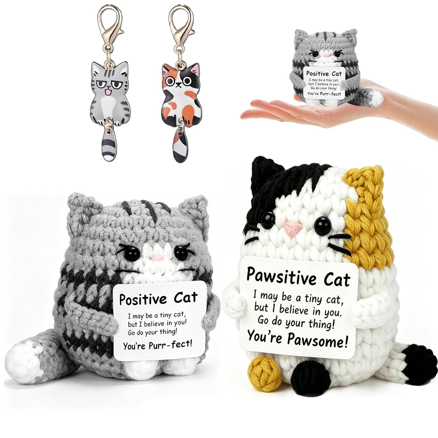 Pocket Hug Positive Katze Geschenke für Katzenliebhaber Positive Geschenke | Handgemachtes Gestrickte Positive Cat, faserbaumwolle, Katzen Schlüsselanhänger Süß, Emotional Support Geschenke Katzen Deko