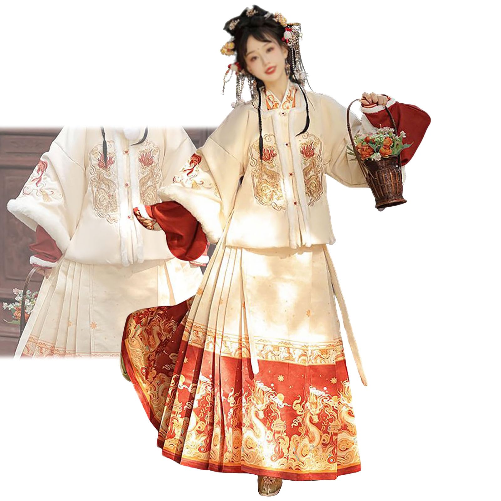 Ciepły haftowany komplet Hanfu (59-69 cali), zimowa sukienka Hanfu (83-165 funtów), odzież wierzchnia + bielizna + spódnica + futrzany kołnierz