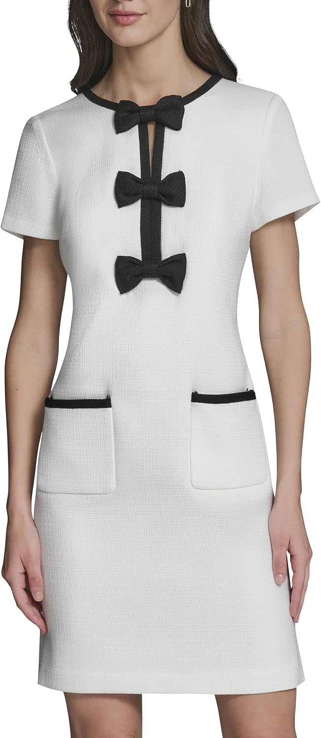 Karl Lagerfeld Women's Short Sleeve Crew Neck Faux Tweed Contrast Framing a Line Dress