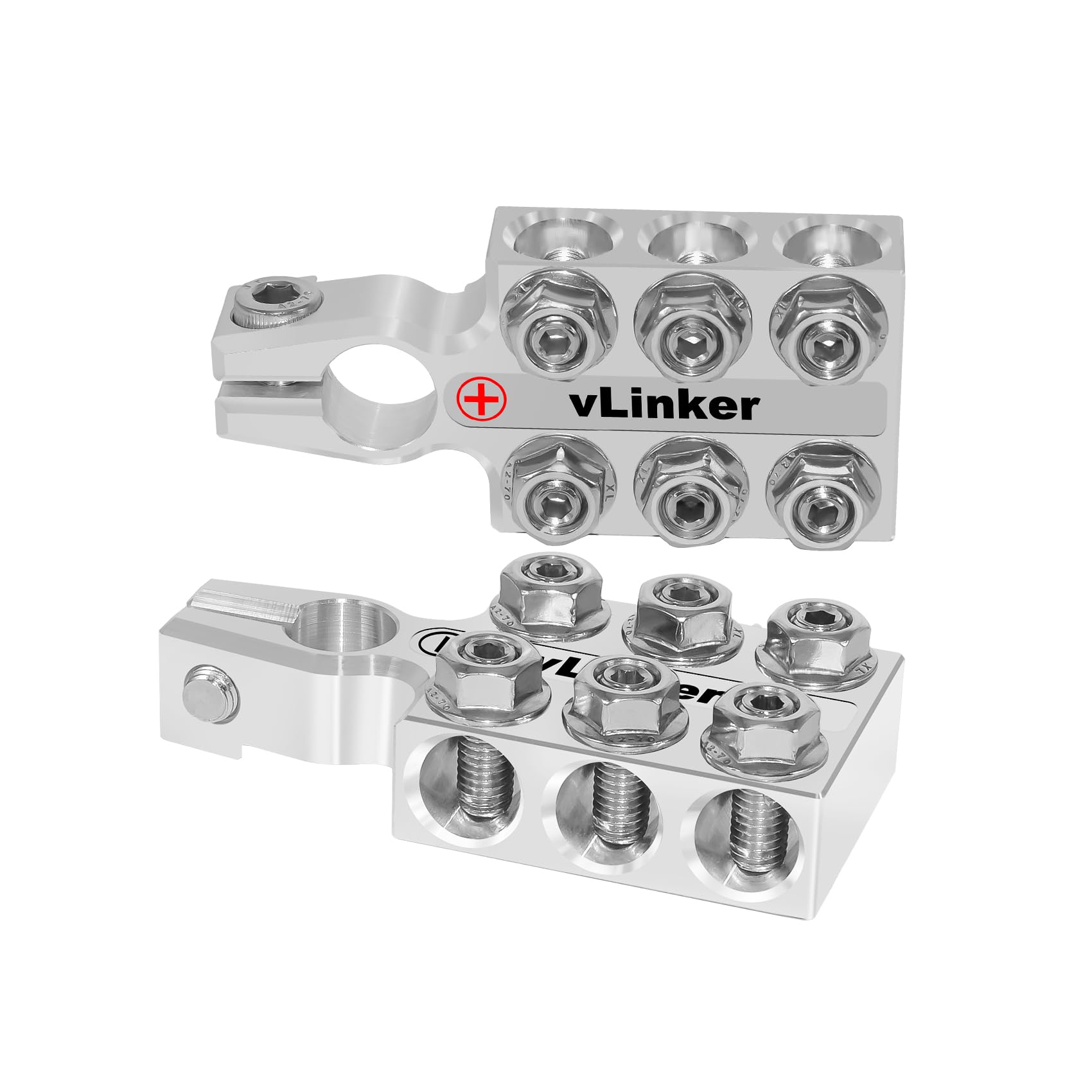 V-gate vLinker - Morsetti terminali per batteria al piombo acido, 8 AWG fino a 4/0 (XL), connettori a 12 vie, terminale batteria in alluminio 6061 positivo e negativo (+/-) (coppia) per perno