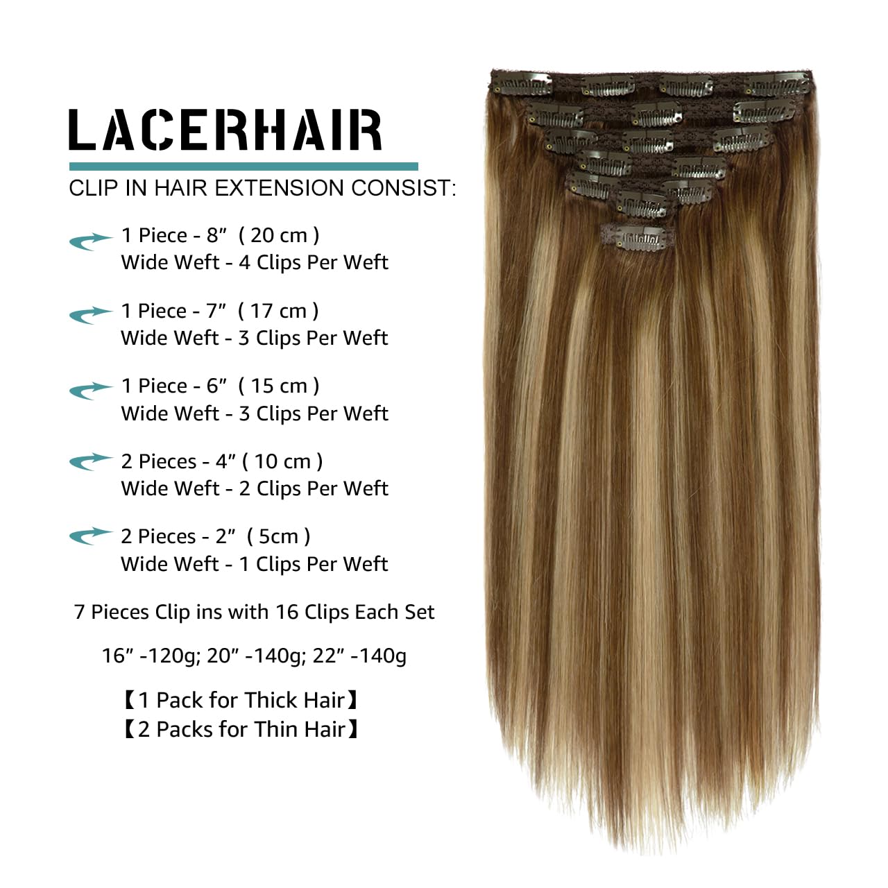Lacer Clip in Hair Extensions Real Human Hair 18 Inch Chocolate Brown to Caramel Blonde Remy Human Hair Extensions Clip ins Straight Natural Hair Extensions 120g 7pcs