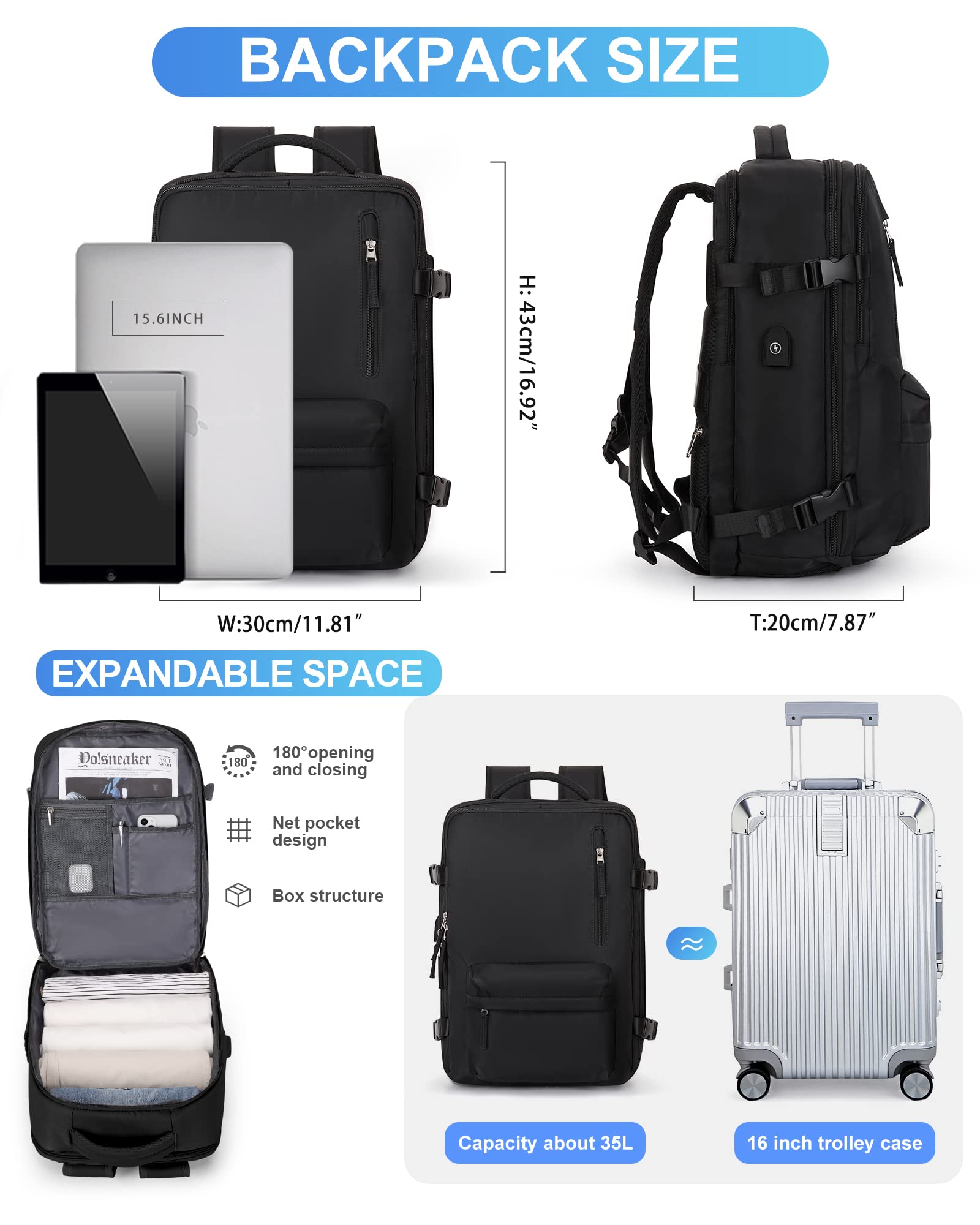 Zaino da Viaggio per Easyjet 45x36x20 Bagaglio a Mano Zaino Borse da Cabina per Ryanair Il Sedile Zaino Aereo Bagaglio a Mano Donna Borsa Cabina Viaggio Zaino Travel Viaggio Casual Daypack,A1-Nero