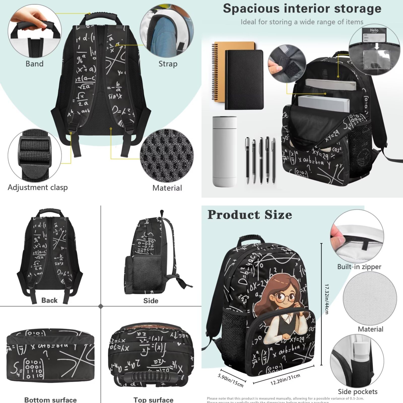 Biyejit Juego de mochilas escolares 3 en 1 para niñas, con bolsa de almuerzo, estuche para lápices, mochila escolar informal para niños, mochila escolar de 17 pulgadas, regalo, Profesor de matemáticas