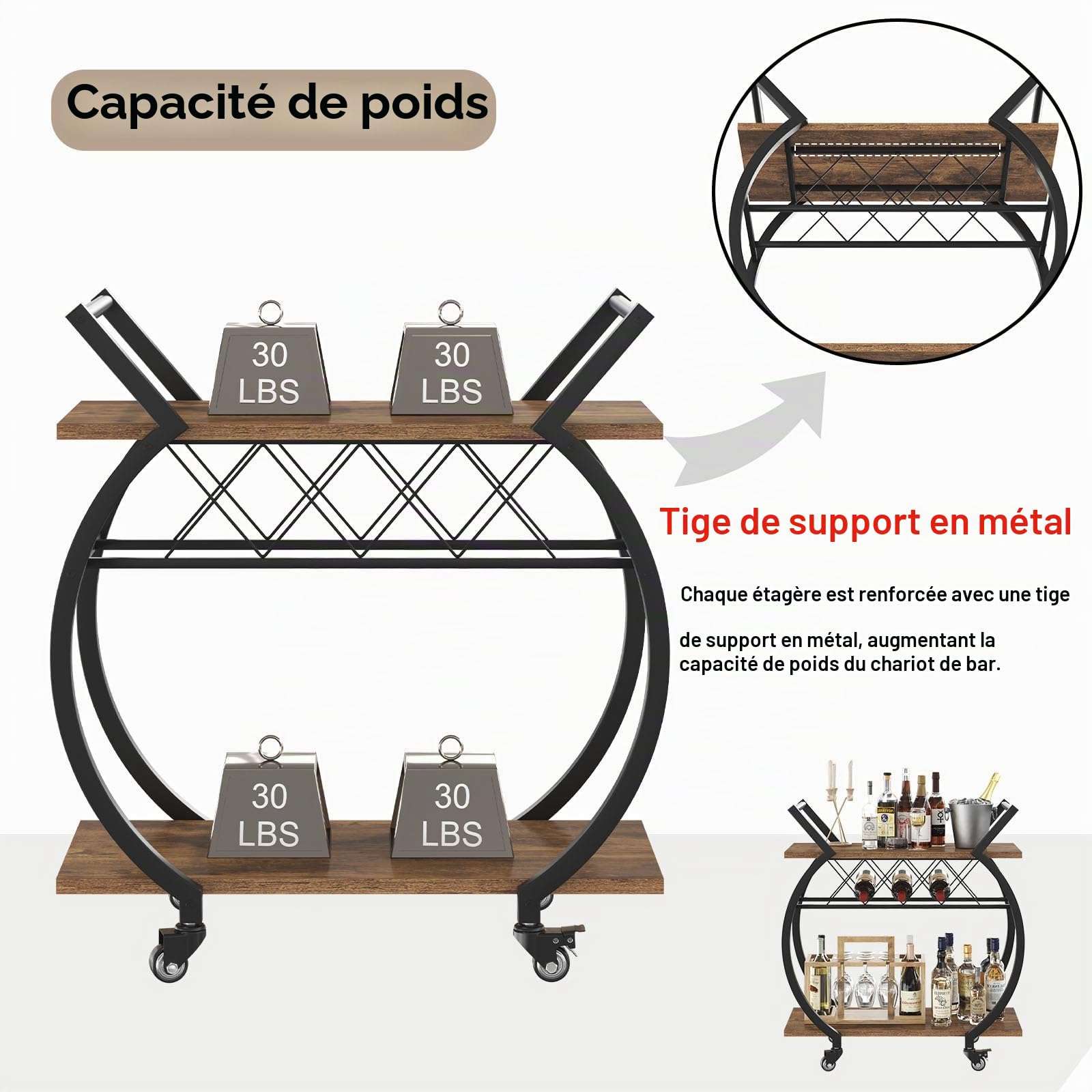 LVB Chariot Bar À roulettes Métal Rangement Bouteille Cuisine Brun Rustique | Desserte Cuisine Salon Rangement Bouteilles Spiritueux Aperitif Roulettes Silencieuses Design Bois Métal Intérieur Exterieur