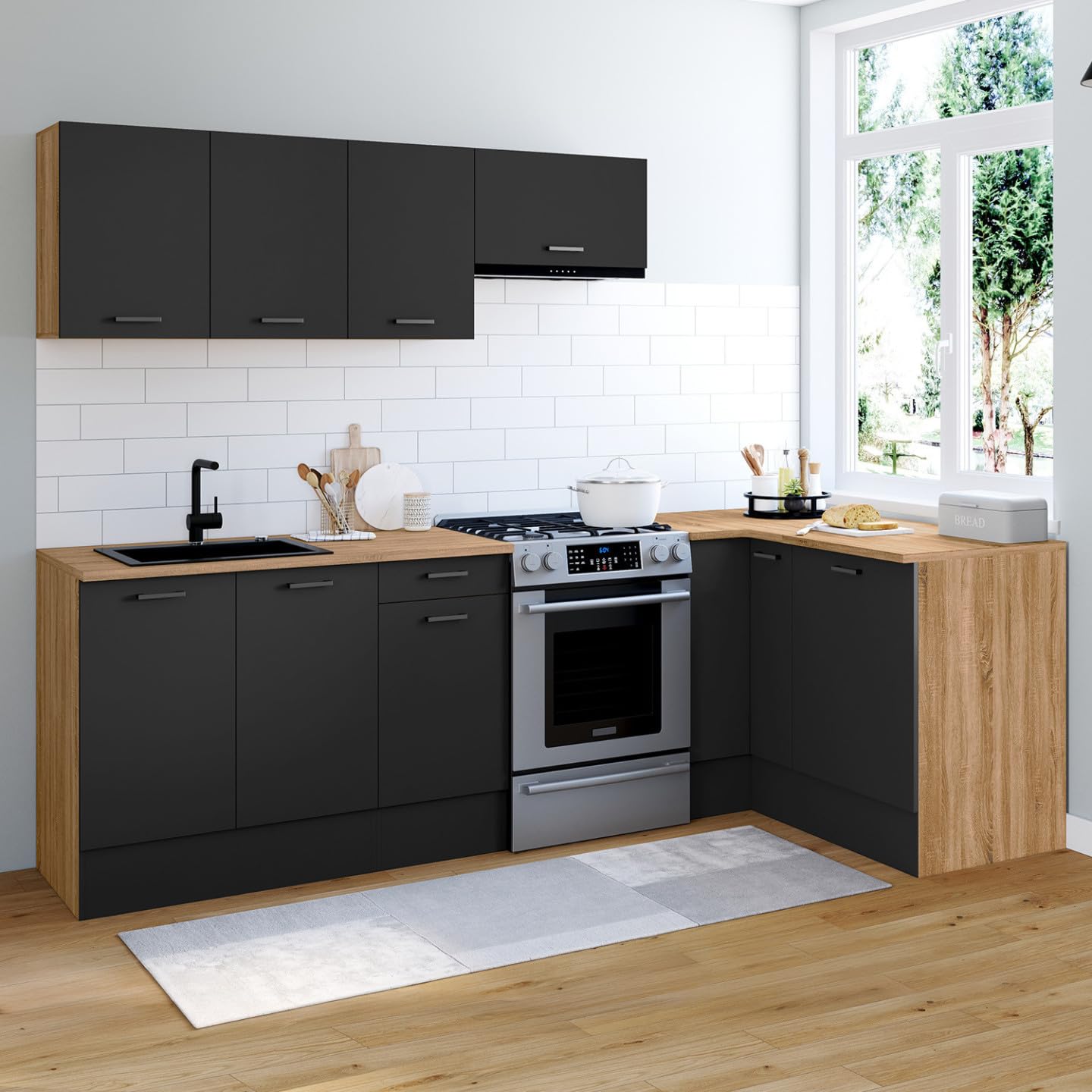 IDMarket - Cocina completa en ángulo 400 CM SUBTIL con encimera de 7 elementos en madera y negro