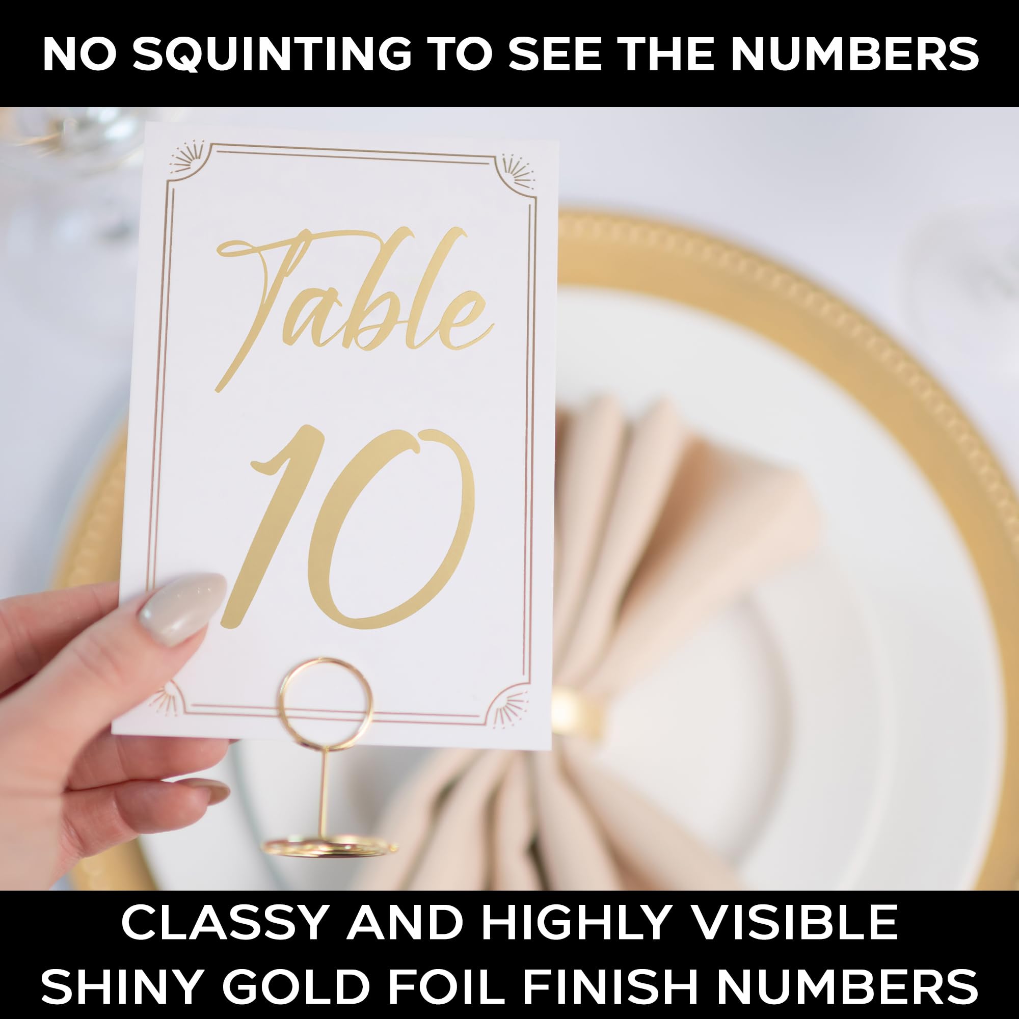 Números de mesa dorados del 1 al 30 con soporte para tarjetas de mesa y soportes para números de mesa, elegante letrero de asiento de 4 x 6 pulgadas con números altamente visibles para recepción de