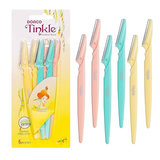 Dorco Tinkle Eyebrow Razor, Hair Trimmer Shaver and Tough Up Tool, Facial Razor with Safety Cover, 6 Razors | Skincare Party Favors | Dermaplaning Tools