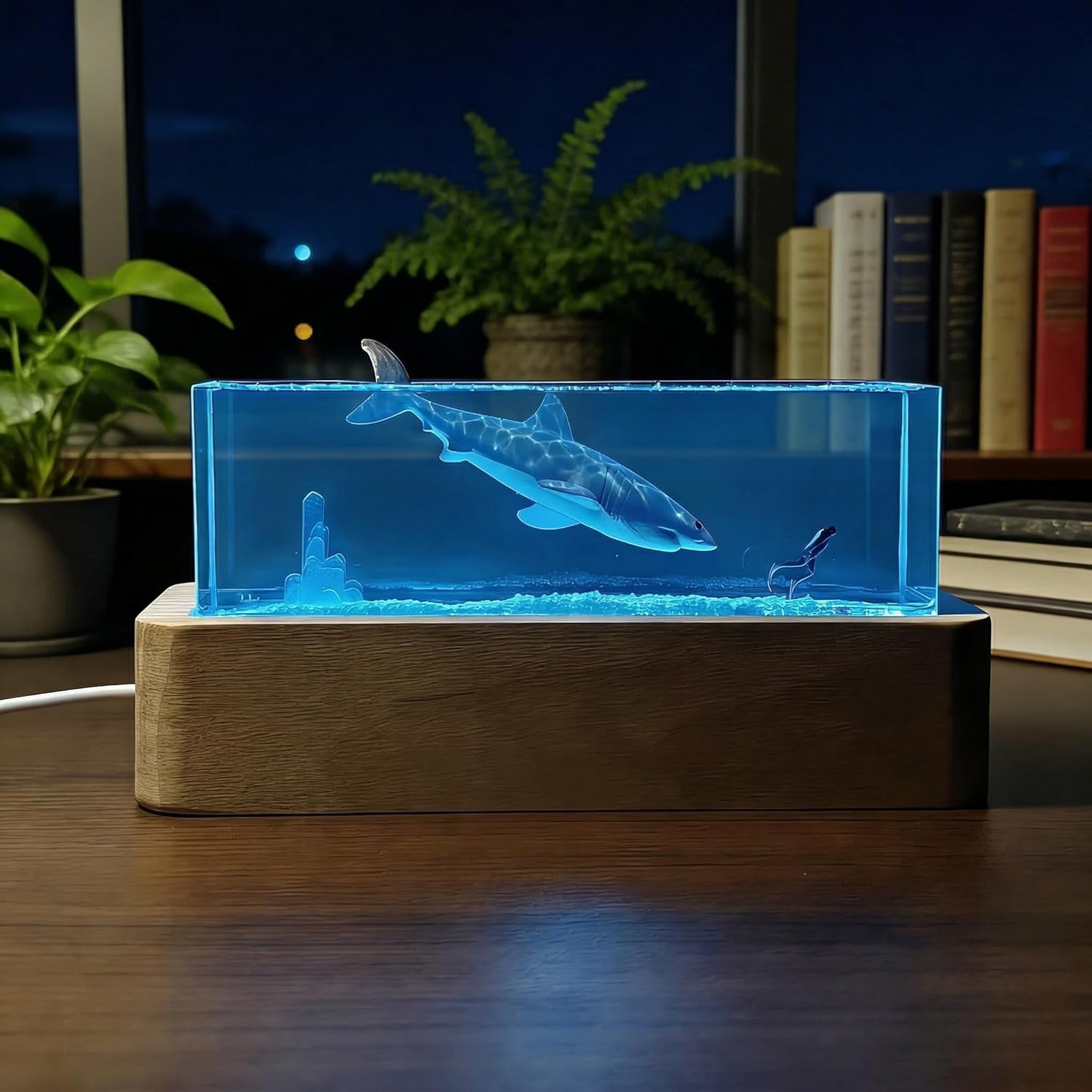 Handcrafted Ocean Scene Resin Art lamp with Wood Base, USB Power,Gift from the sea,Shark Night Light,Blue Epoxy Resin Decor (Shark)