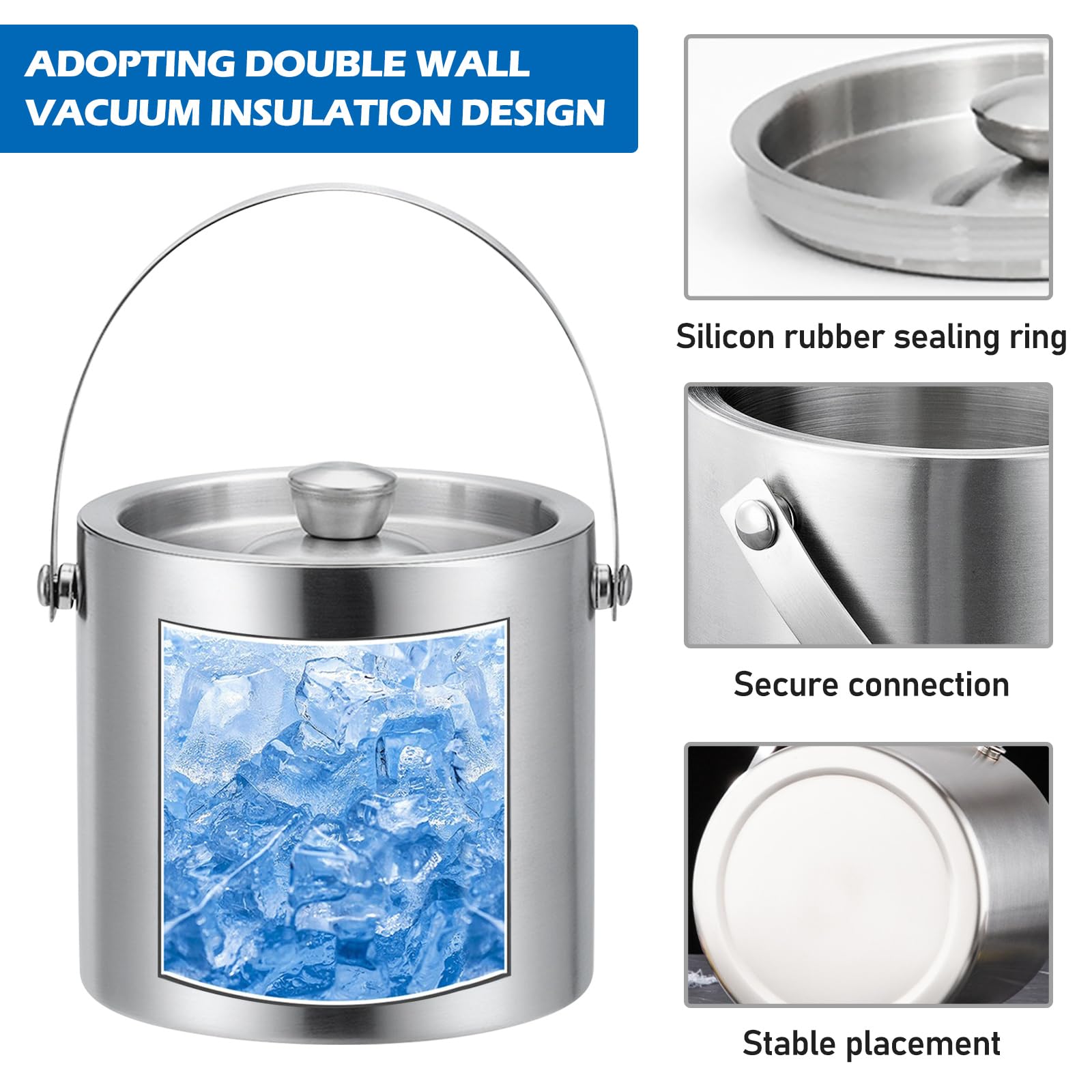 Seau à glaçons Isotherme 3L, Seau a glacon Isotherme en Acier Inoxydable Double paroi, Seau à Champagne avec Pince et Pelle, Seau glacon pour Bar fête Maison