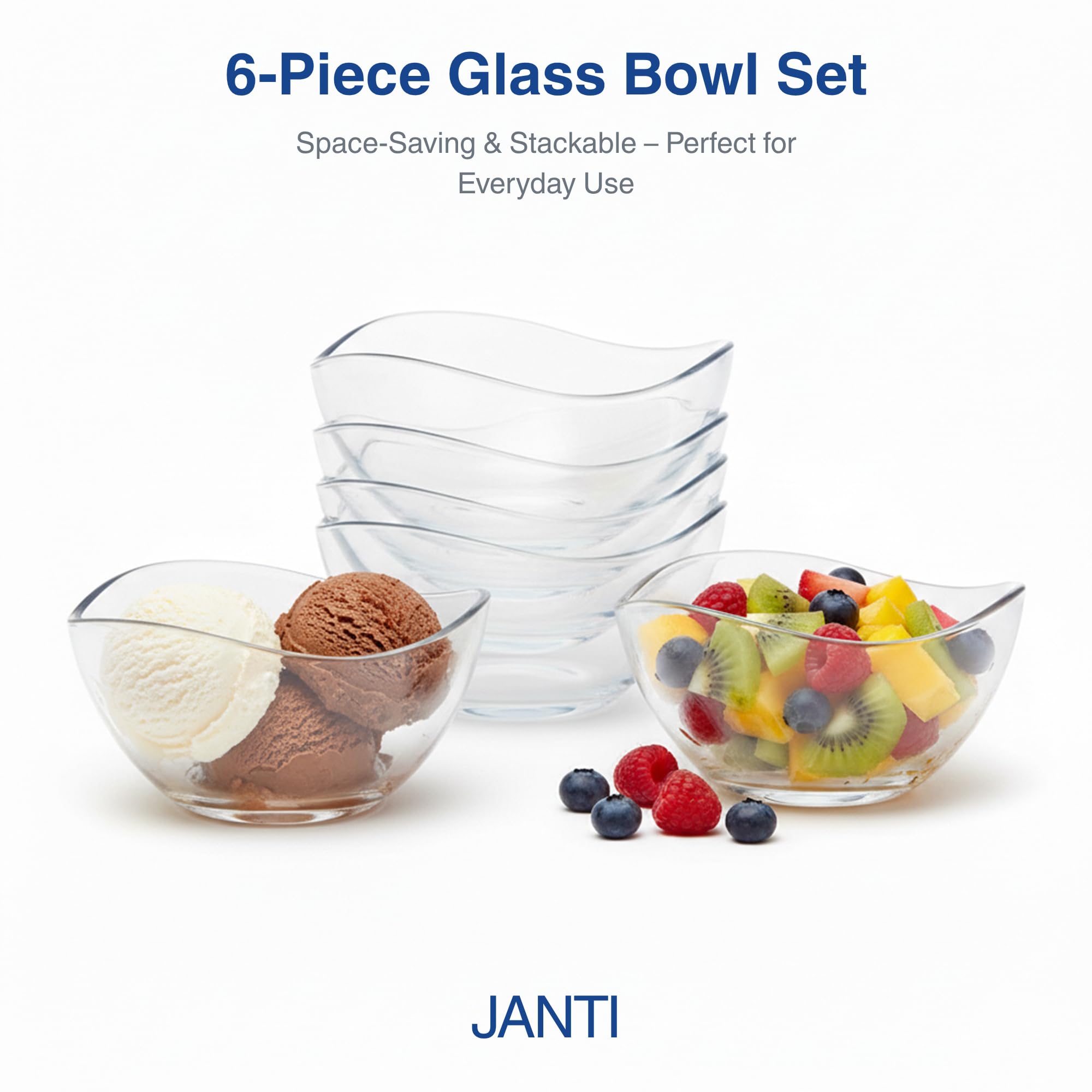 JANTI Set di 6 Ciotole in Vetro da 310ml - Insalatiera Vetro, Ciotole Vetro Dessert, Ciotole Aperitivo, Coppette Gelato Eleganti e Versatili - Design Moderno Ciotola Vetro - Ciotole Antigraffio