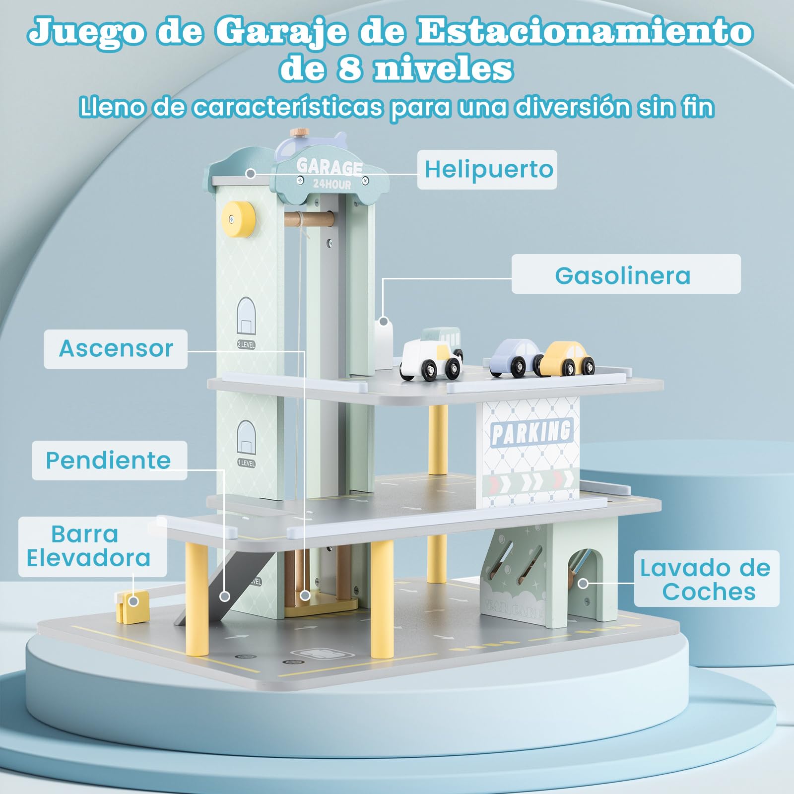 COSTWAY Parking Infantil de 3 Plantas, Garaje de Juguete de Madera con 4 Autos, Helipuerto, Gasolinera, Elevador, Lavado de Autos y Varilla Elevadora, Juguetes Educativos de Roles para Niños