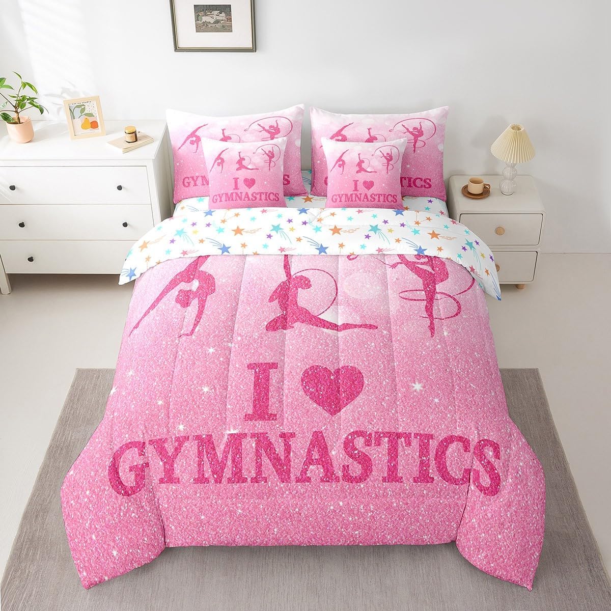 Gymnastics Lovers Bed in a Bag Comforter Set,Gymnast Beauty Silhouette Full Size 7 Pieces for Kids Girls,Pink Glittering Print Bedding Set with Comforter, Sheet Set, Pillowcases, Pillow Covers