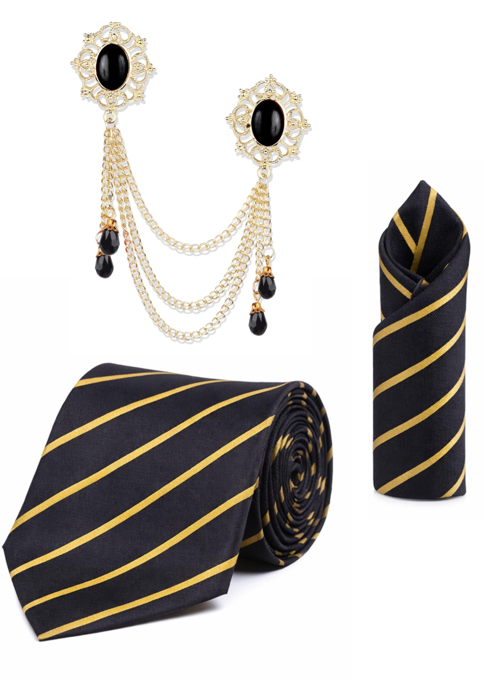 random stripe Men’s Premium Striped Necktie with Elegant Brooch Set – Black & Gold/Navy & Gold Formal Tie Combo for Wedding & Partyset-picture-31