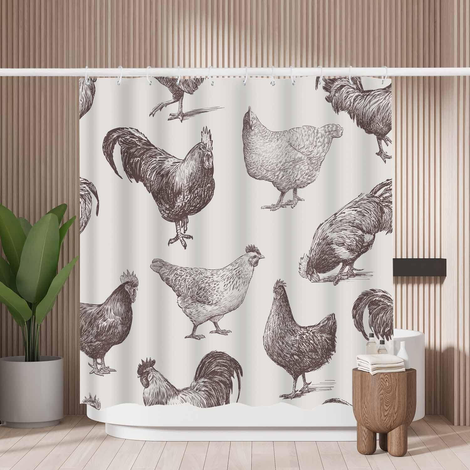 Woutay A051 Shower Curtain Mould Proof Resistant Cocks And Hens,Water Repellant Fabric,Polyester,Size 180X180cm