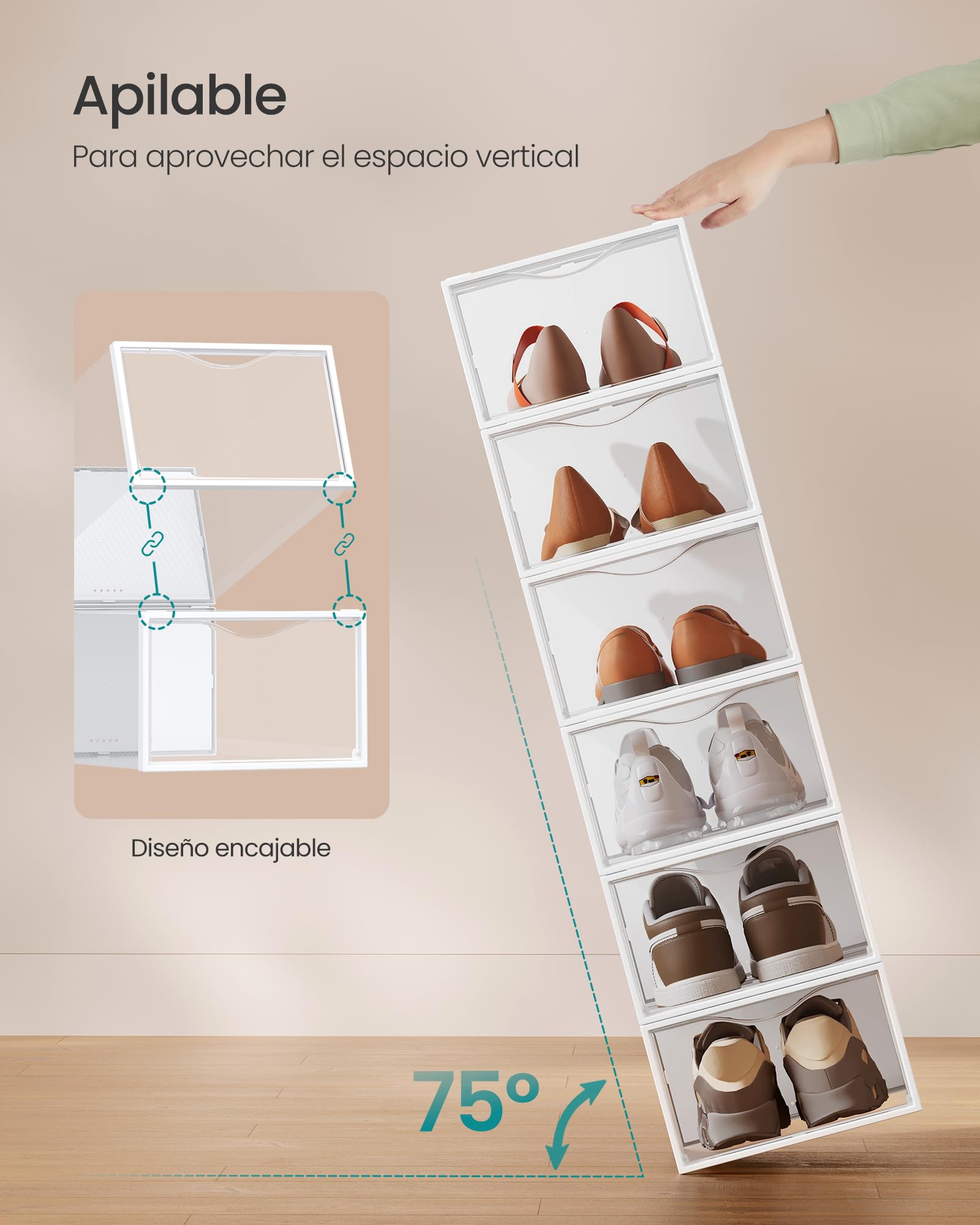 SONGMICS Cajas para Zapatos, Organizador de Zapatos de Plástico, con Puerta, Transparente, Juego de 12, Apilable, 33,2 x 23 x 14,5 cm, para Zapatos hasta 43, Transparente y Blanco Nube LSP312W01