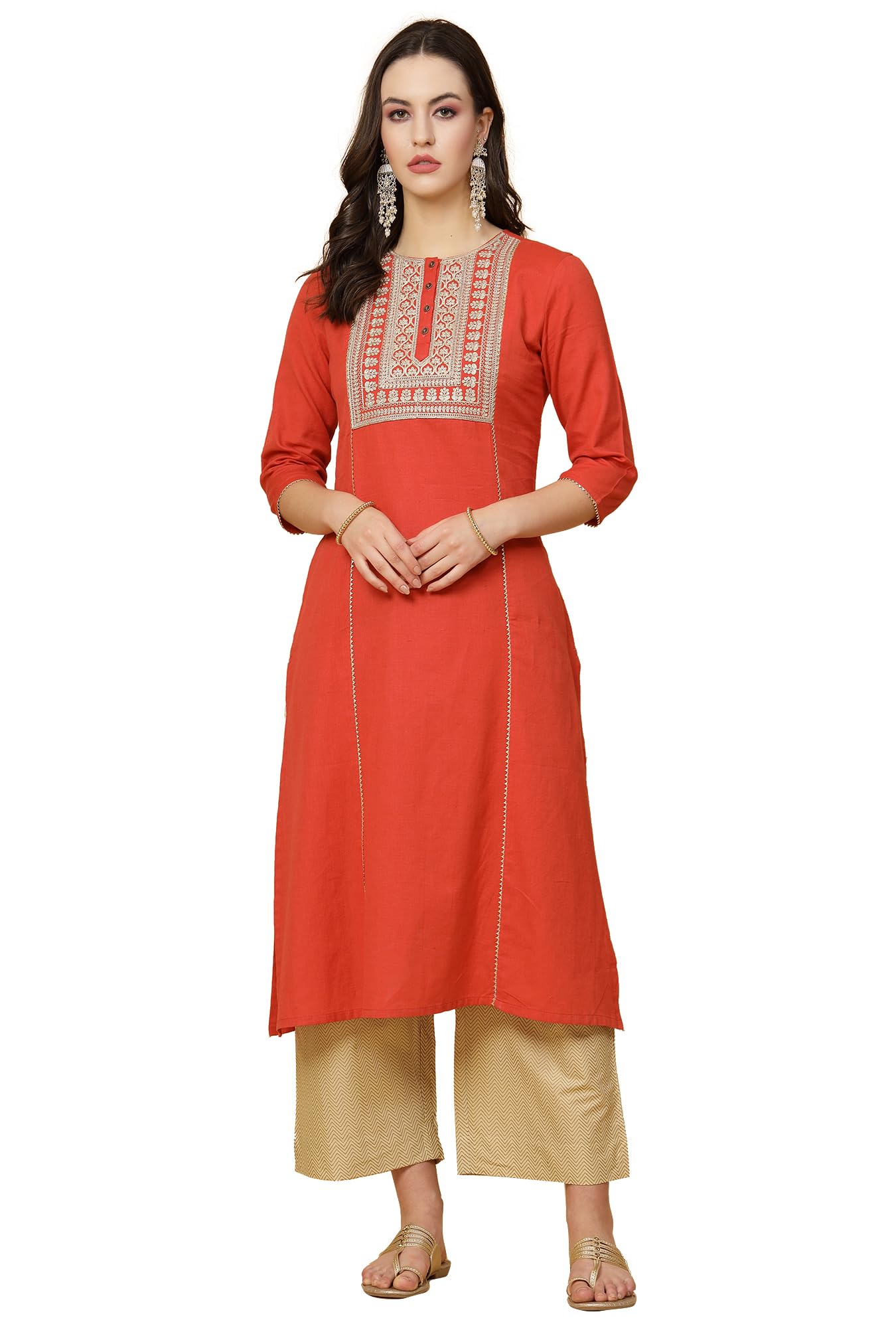 Dennis Lingo Women's Cotton Relaxed Fit A Line Embroid A-Line Pattern Kurta in neutral