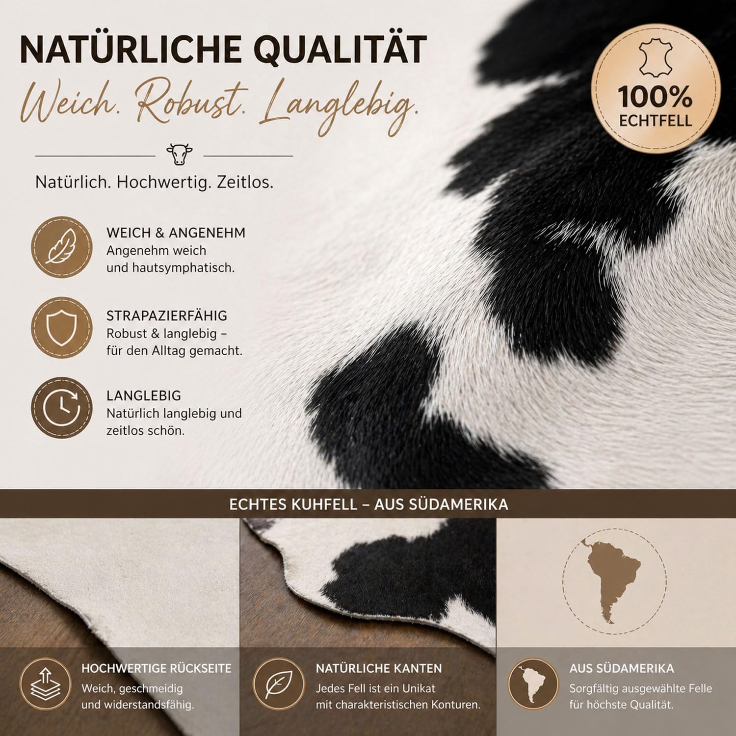 Tapis en Peau de Vache de qualité supérieure - Noir et Blanc - Produit Naturel Unique en provenance d'Amérique du Sud - Peau de Vache véritable
