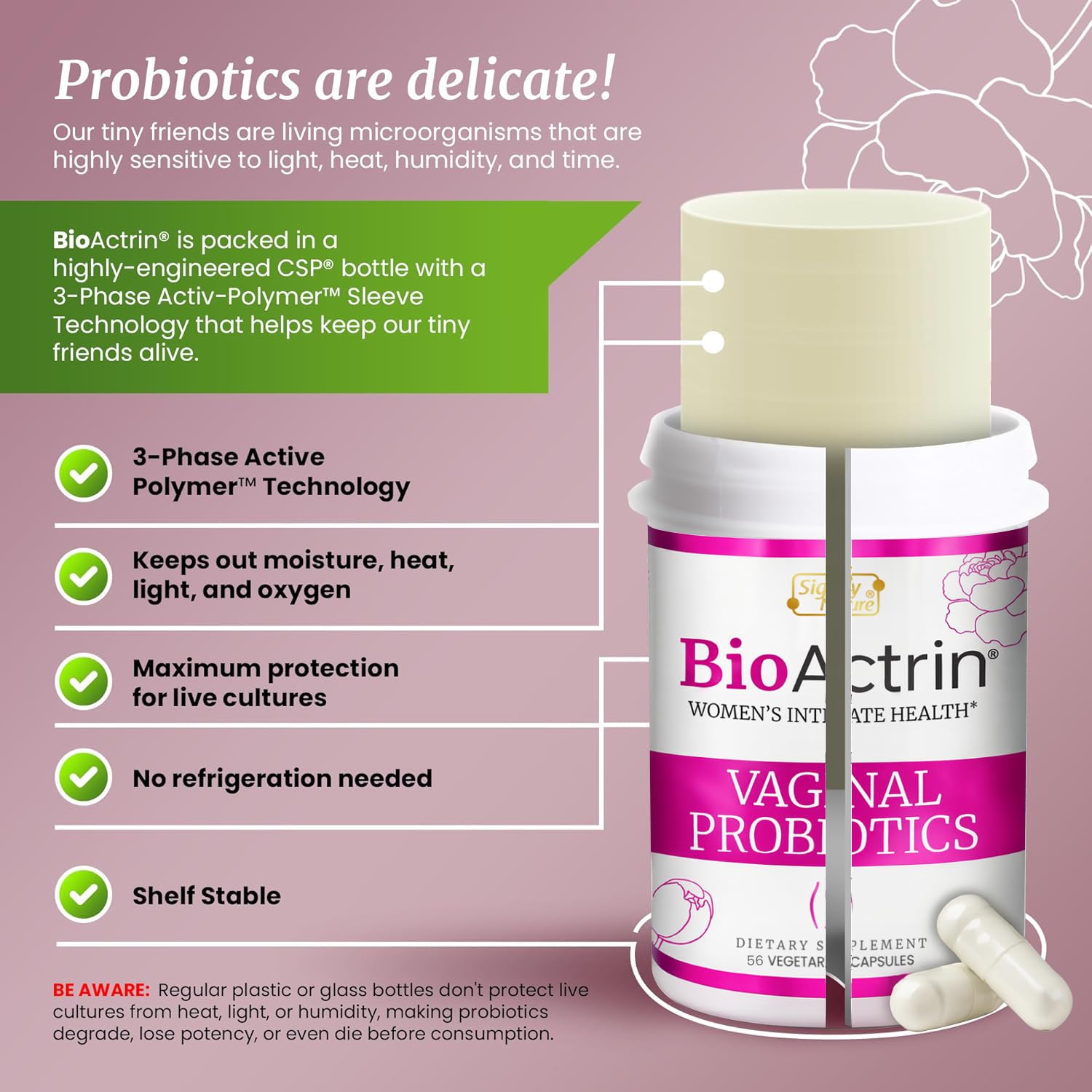 SIGNIFY NATURE Bioactrin Vaginal Probiotics for Women - Bacterial Vaginosis & Yeast Infection Treatment - BV Probiotic - pH Vaginitis Support-56 Pills