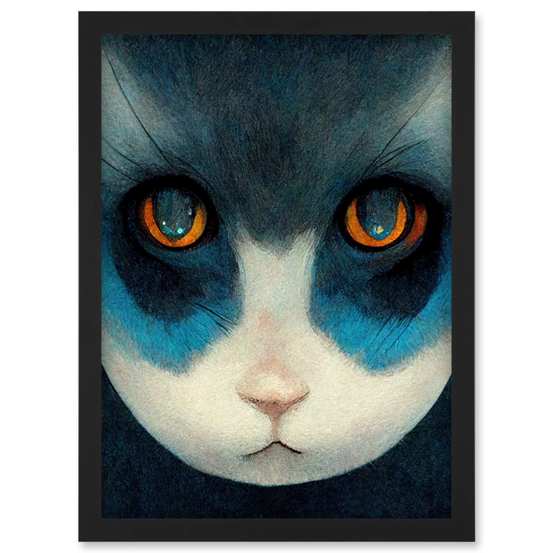 Nihonga Style Japan Cat Blue Artwork Framed Wall Art Print - A4 - Artery8