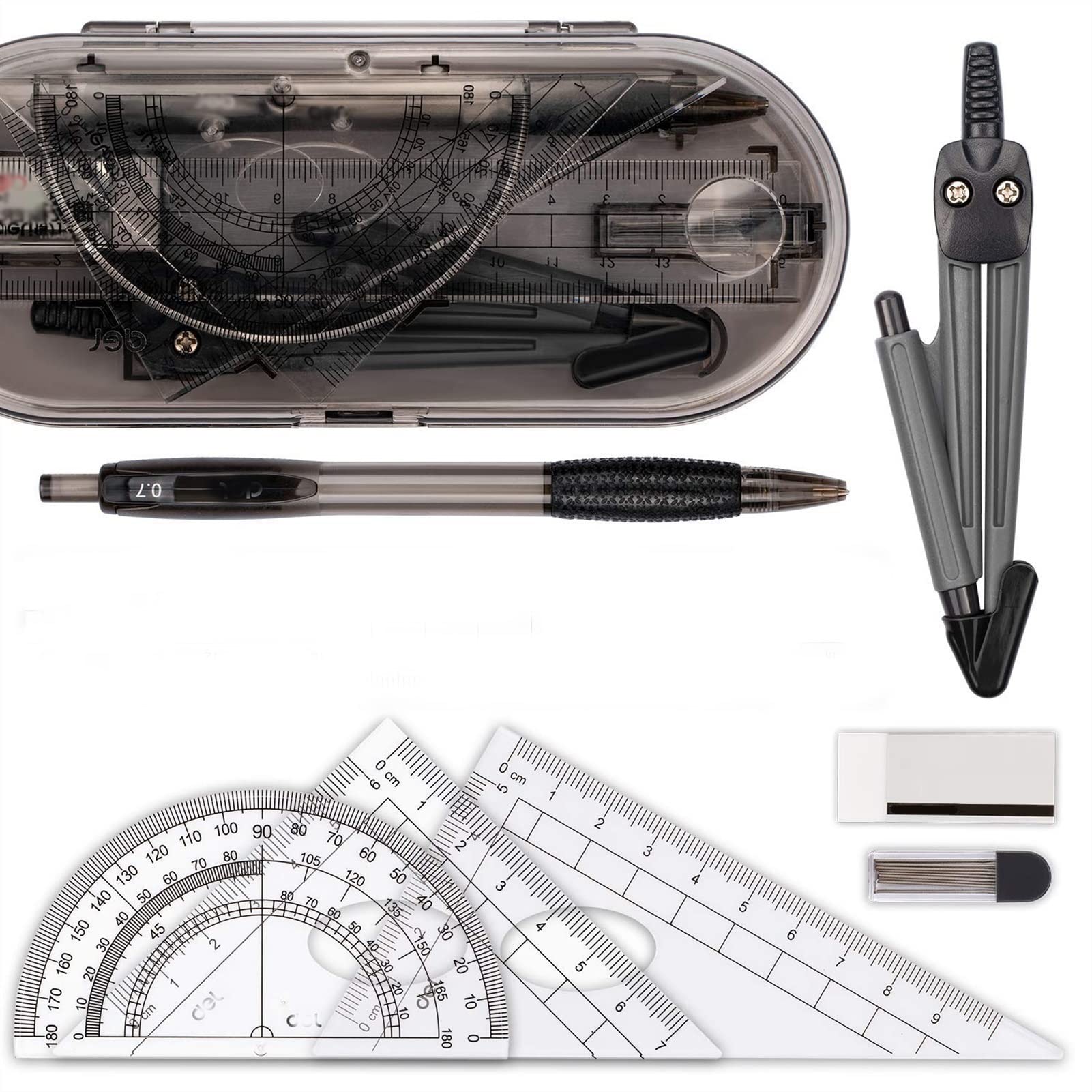 Set di compassi per Geometria Matematica, 8 Kit di Forniture per Studenti, cancelleria, Scatola portaoggetti, Compasso per Disegno Tecnico, goniometro, Righello, Set di compassi