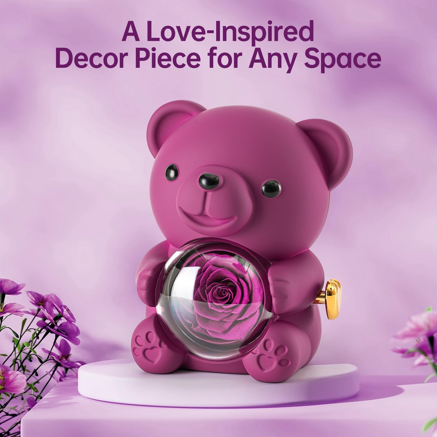 Cute Teddy Bear with Preserved Rose - A Real Rose Flower in Bear with Elegant Gift Box - Romantic Gift for Her in Mother's Day, Weddings, Anniversaries, and Bridal Showers (Purple) - Image 4