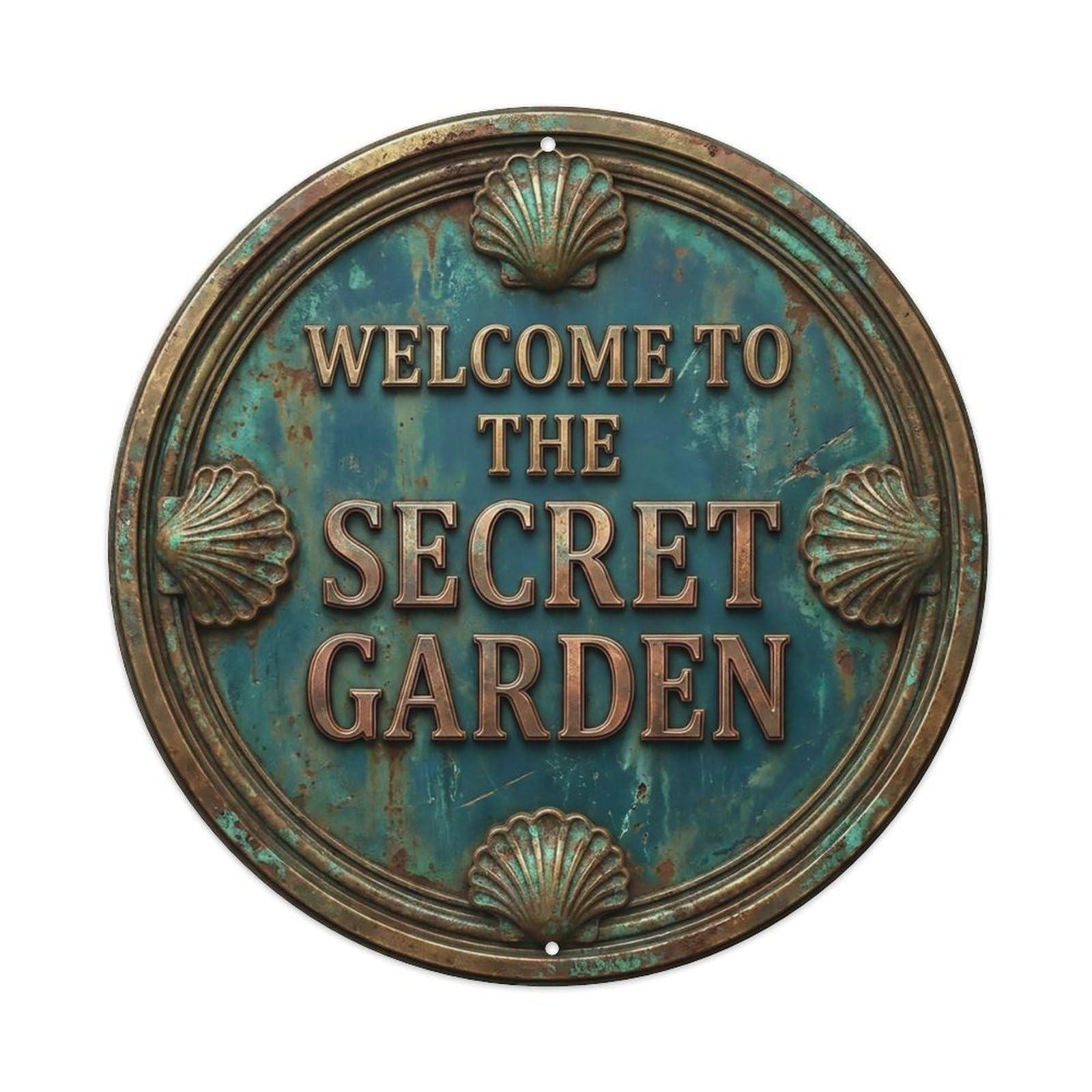 Vintage Welcome Secret Garden Brass Bluegreen Shell Metal Tin Sign