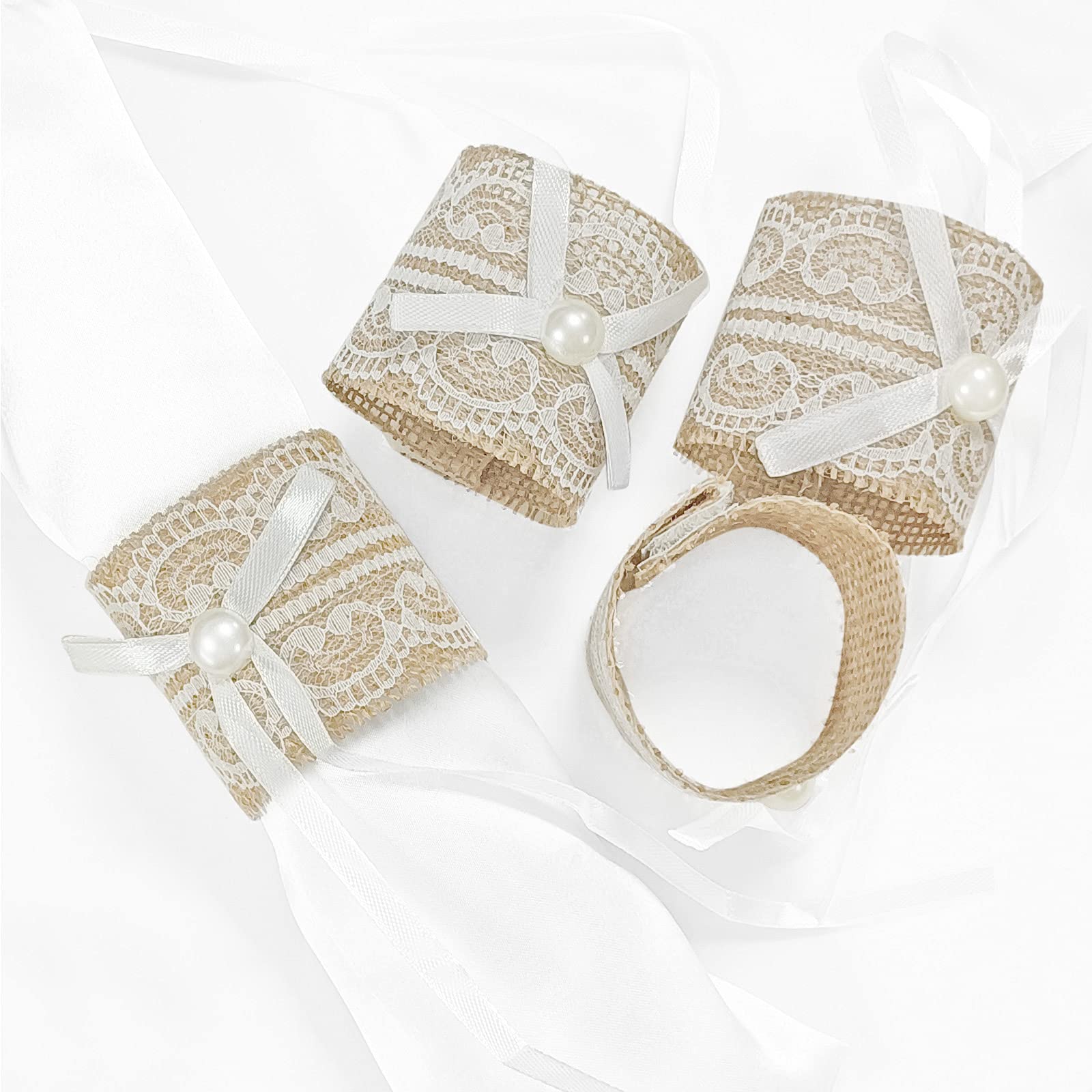 Easter Napkin Rings Set of 4, Handmade Lace Burlap Napkin Ring, Pearl Linen Farmhouse Serviette Buckles Holder for Wedding, Valentines’ Day, Daily Use and Home Decor (Lace Pearl)