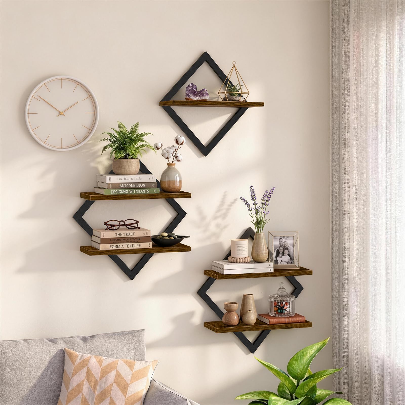 Sonarvelife Floating Shelves Set of 3, Decorative Rustic Wall Shelves for Living Room, Bedroom & Bathroom, Wood & Metal Farmhouse Wall Mounted Display